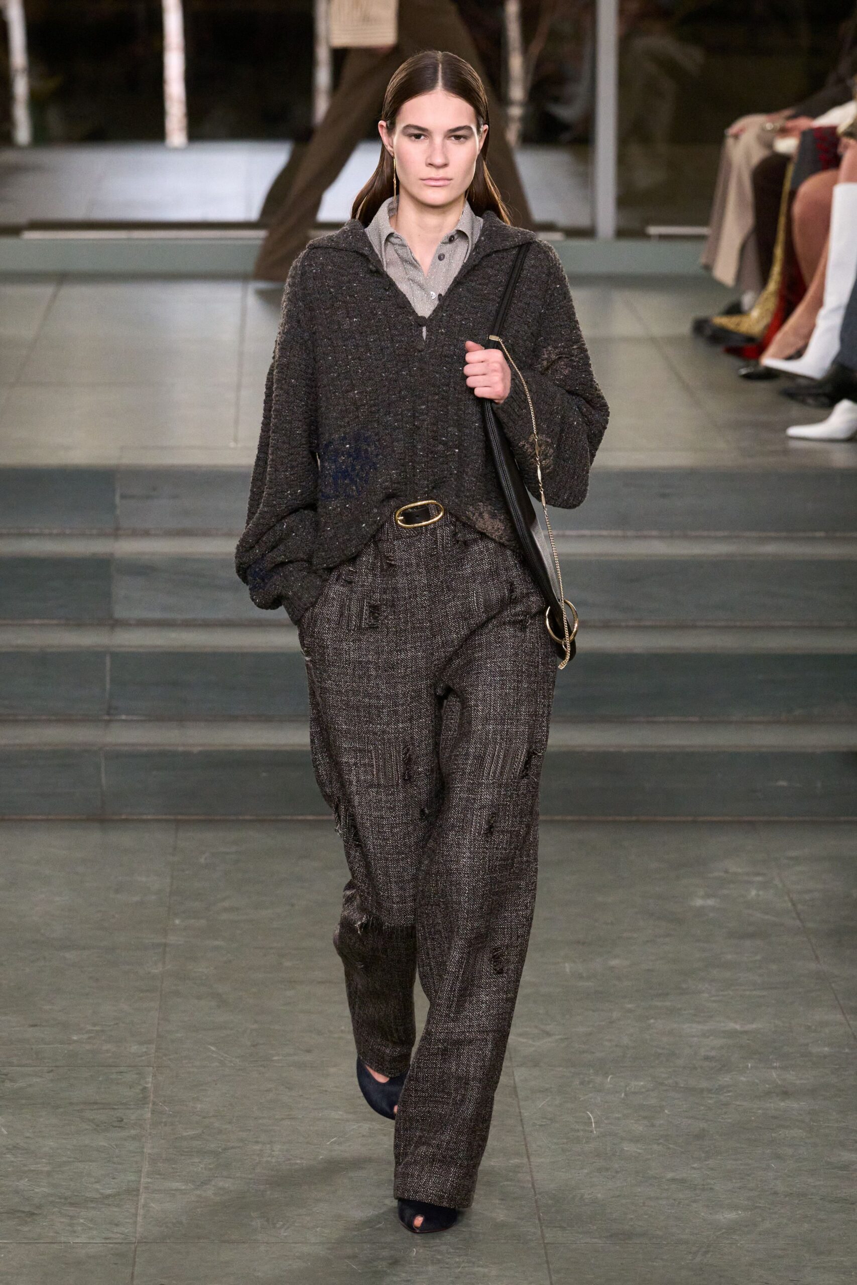 gray wool long-sleeve collared oversized textured sweater