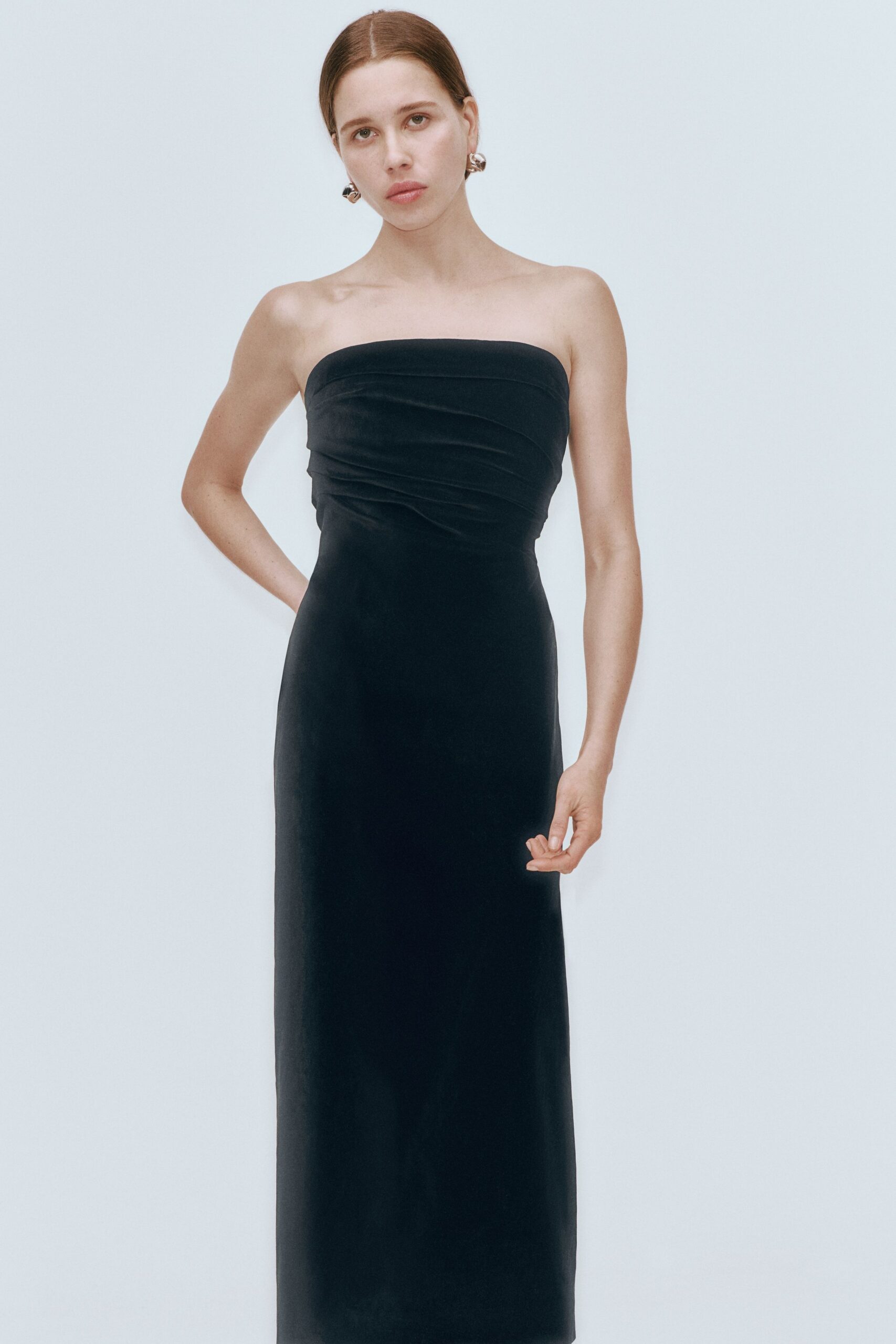 black velvet strapless gown