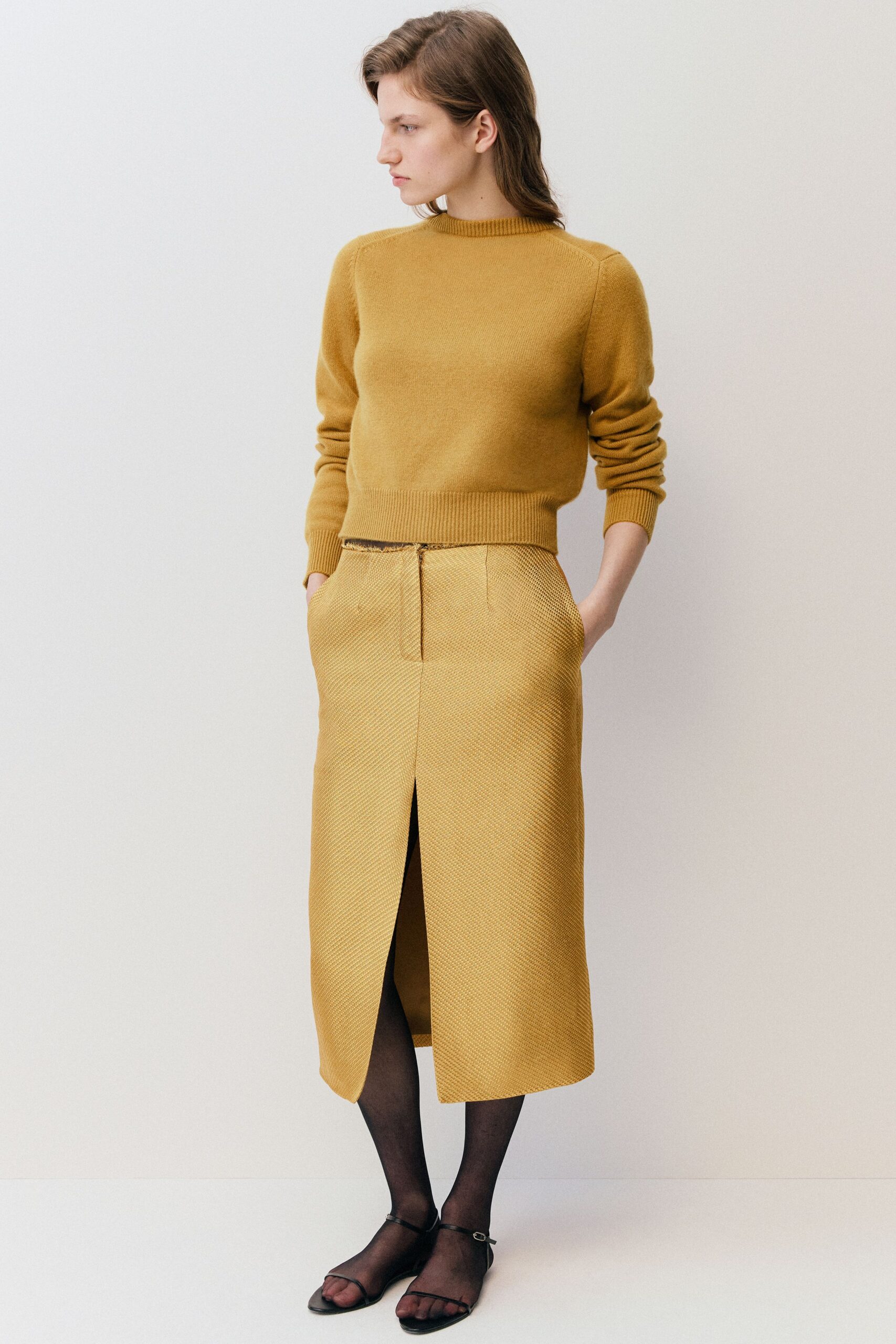 yellow wool slit fitted pencil midi skirt