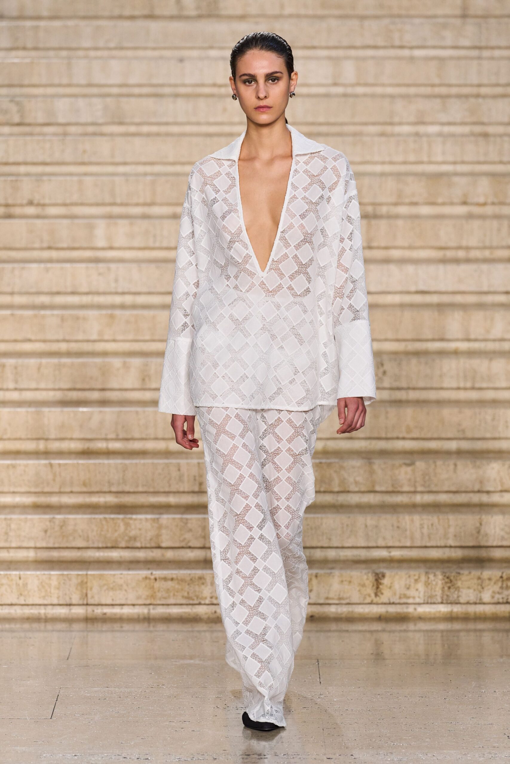 white lace fitted embroidered sheer pants