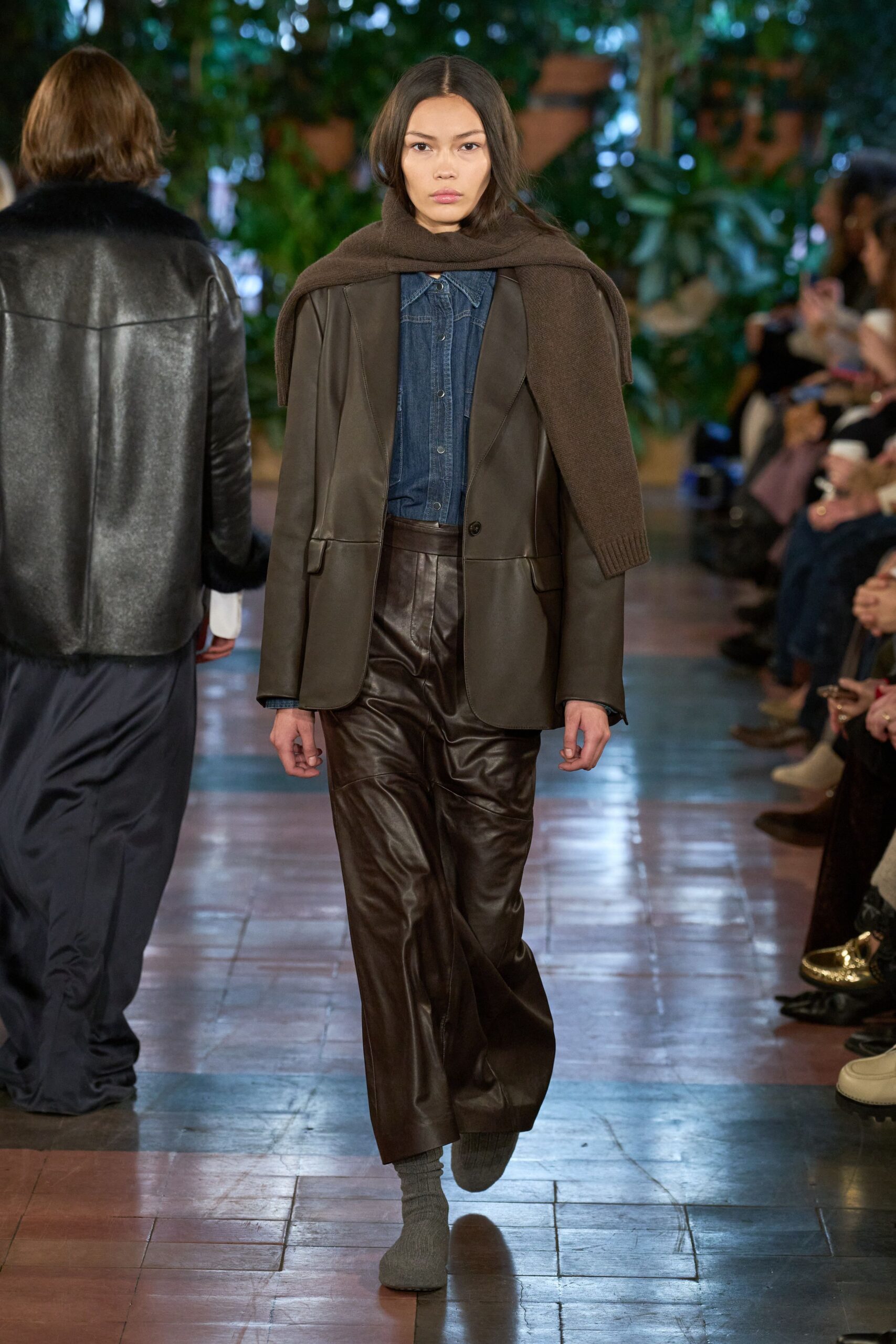 brown leather blazer with denim shirt
