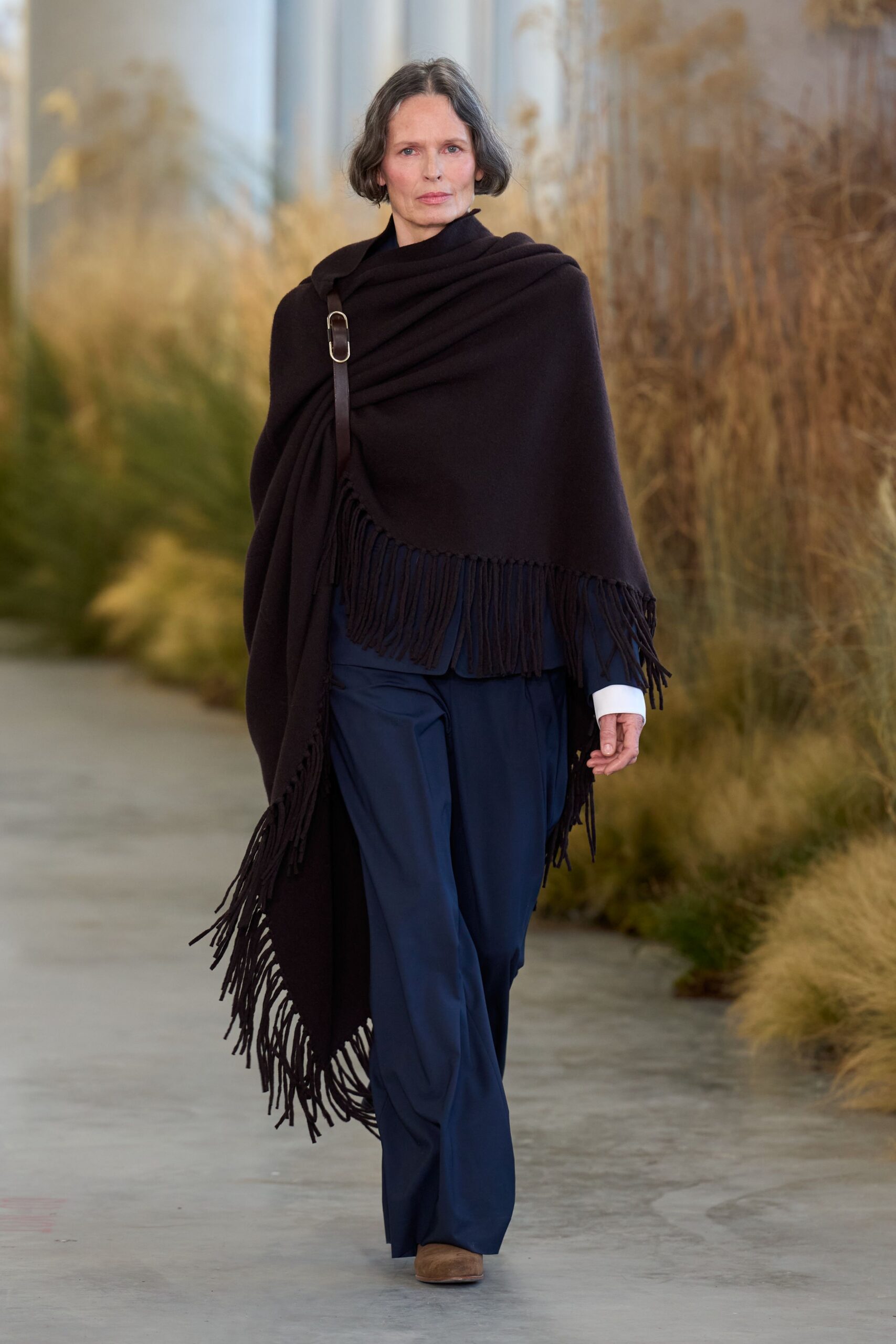 brown wool relaxed fringed poncho