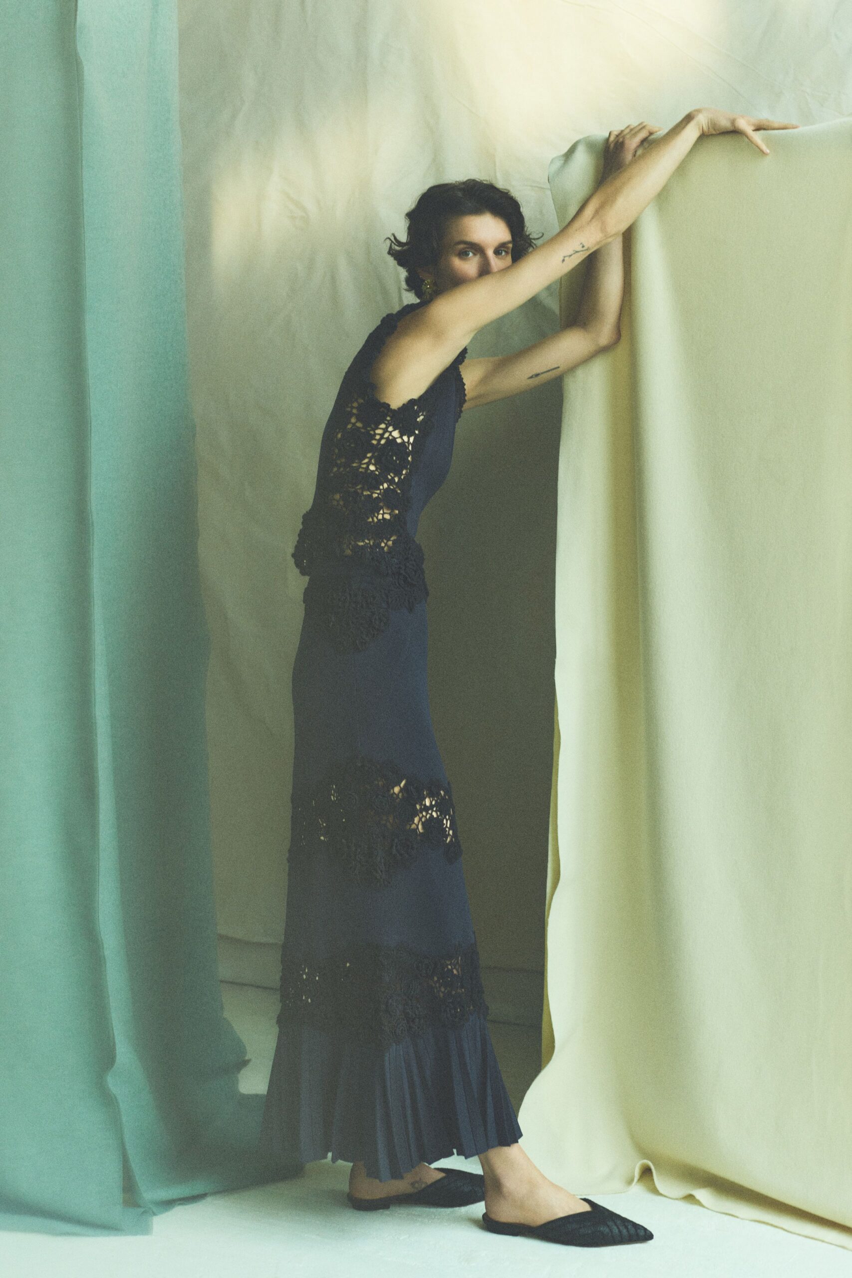 blue silk sleeveless v-neck fitted embroidered tiered gown