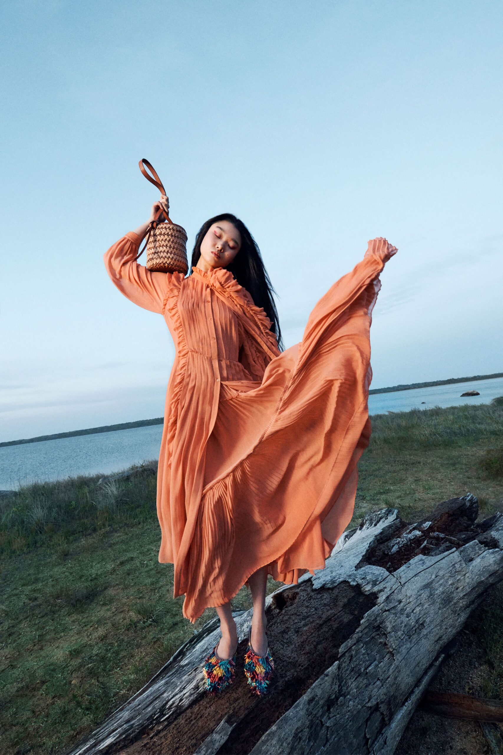 orange silk long-sleeve high-neck fitted pleated ruffled dress