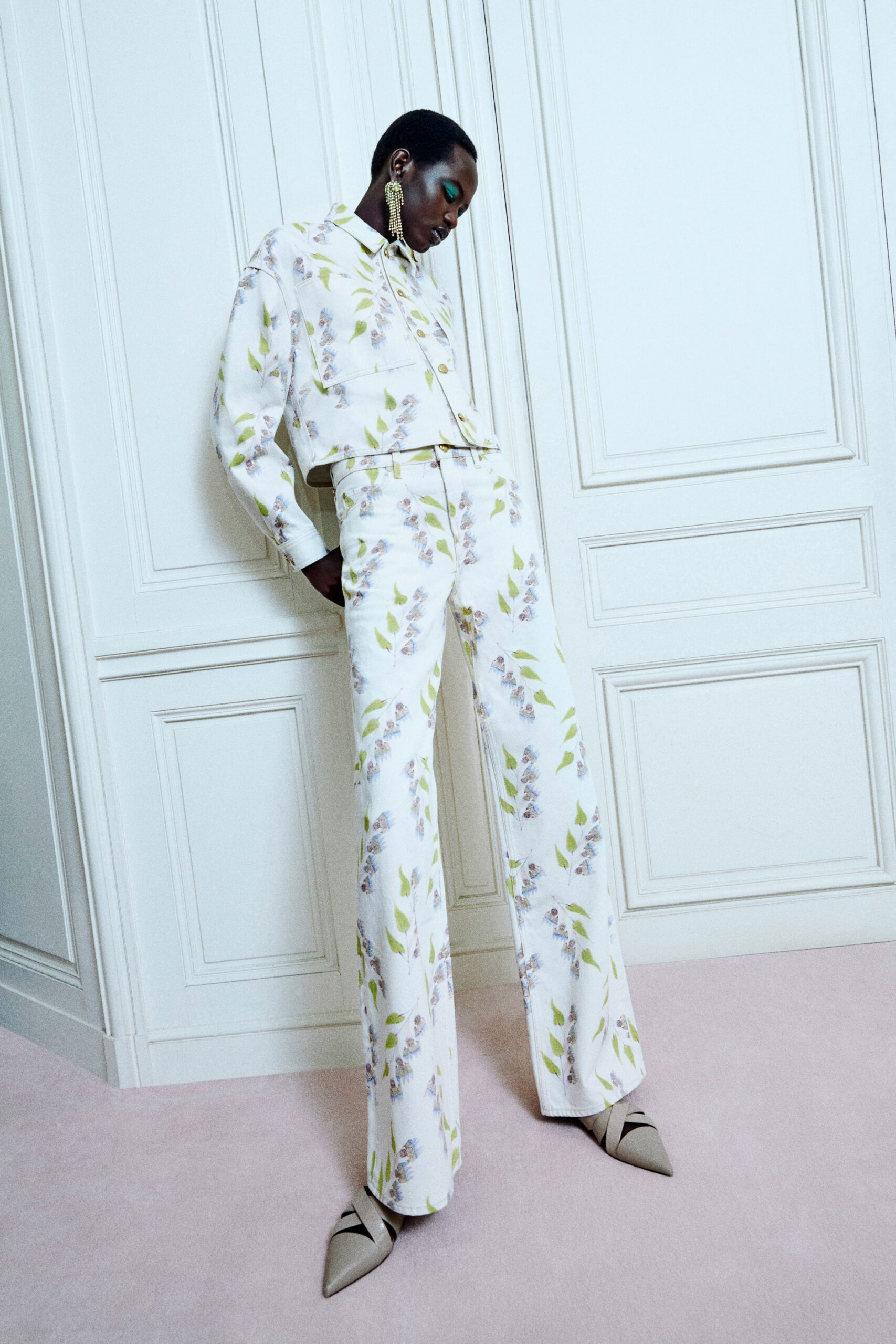 printed shirt and flared pants