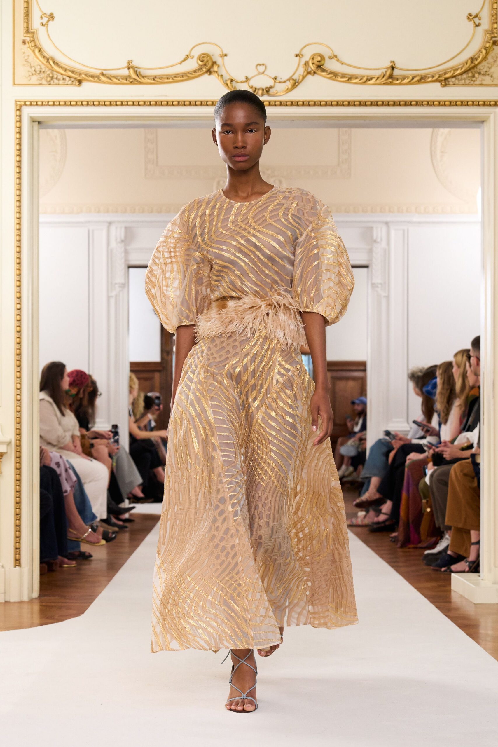 gold chiffon short-sleeve v-neck relaxed pleated layered dress