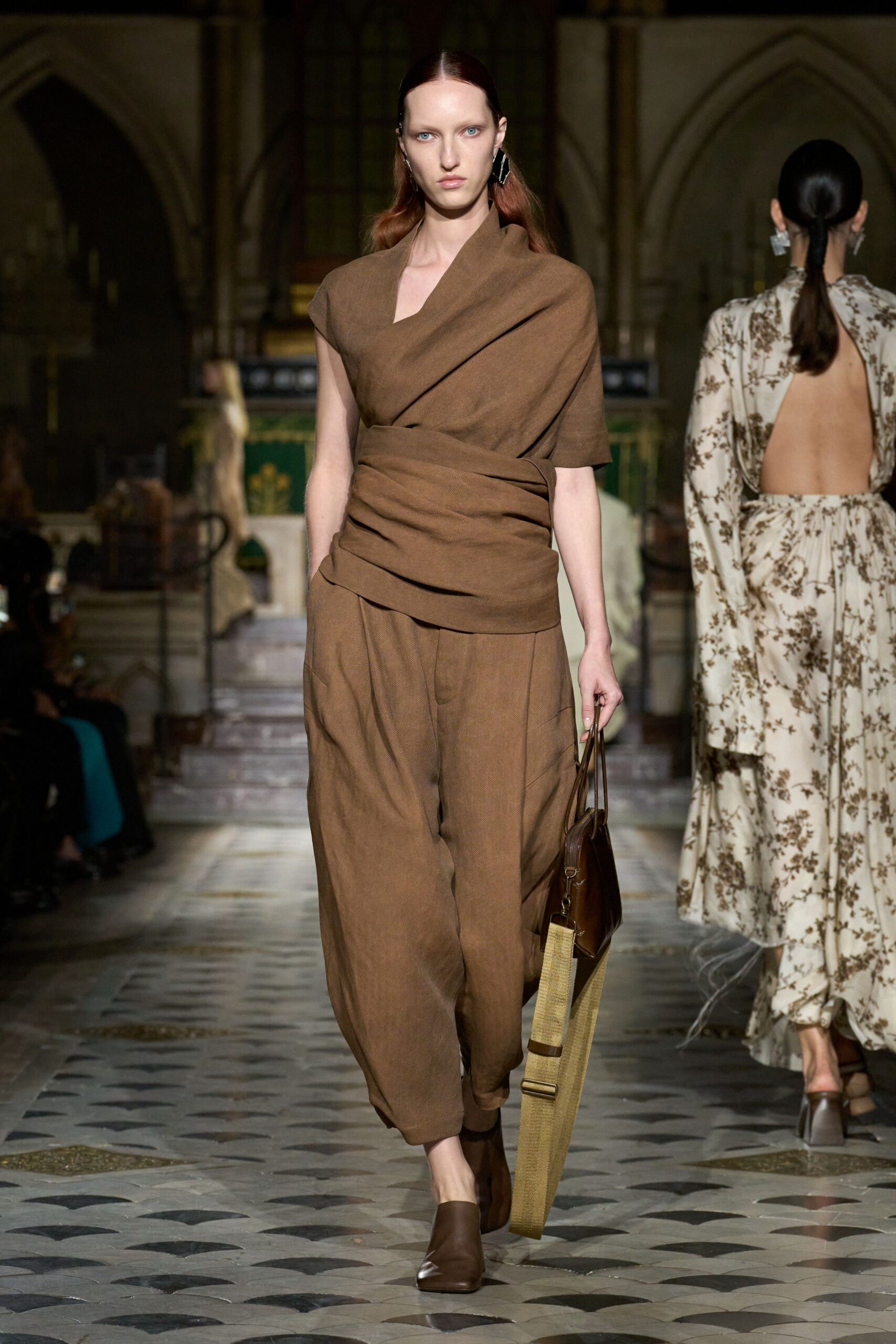 brown linen wrap top and pants