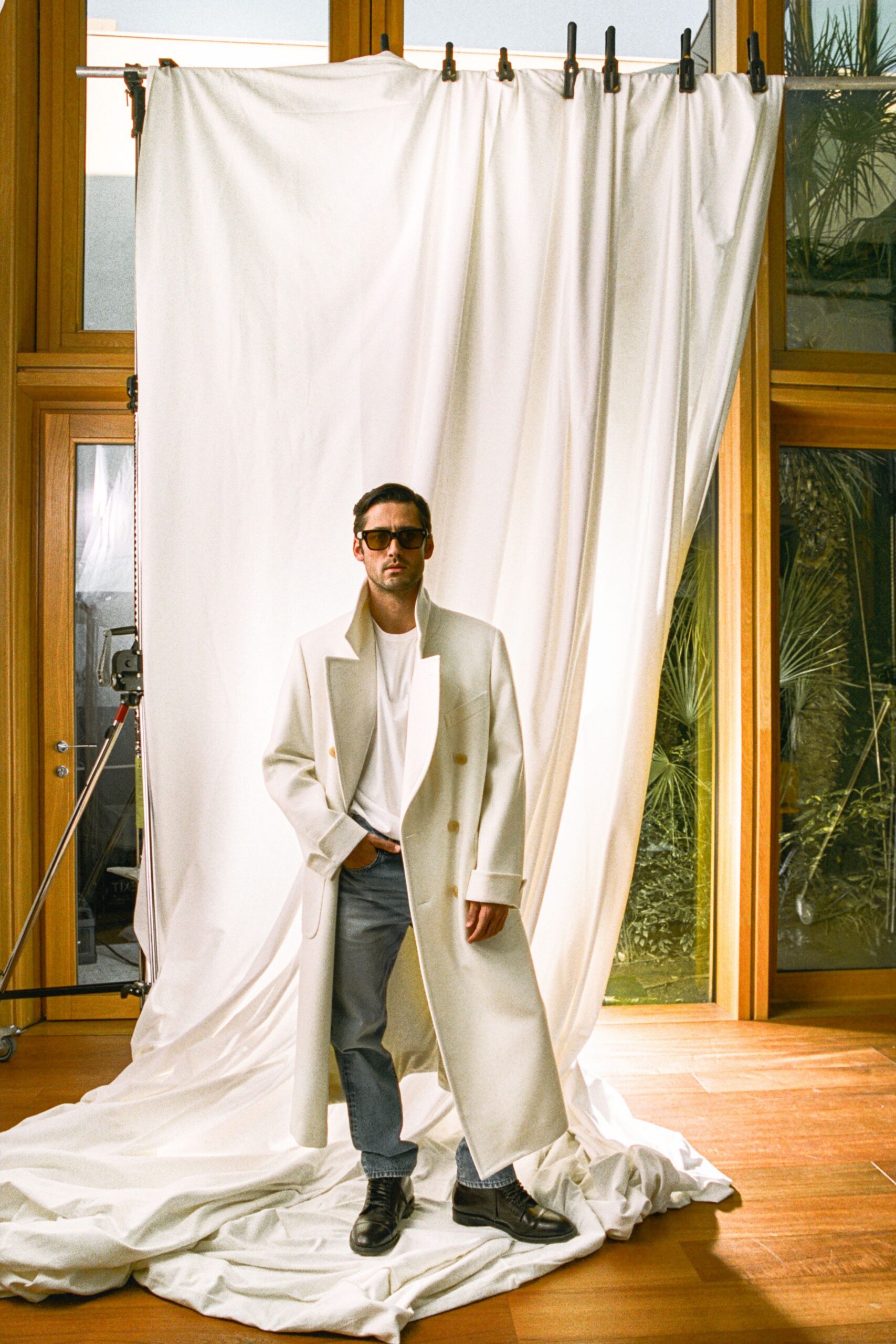 white wool coat with denim pants