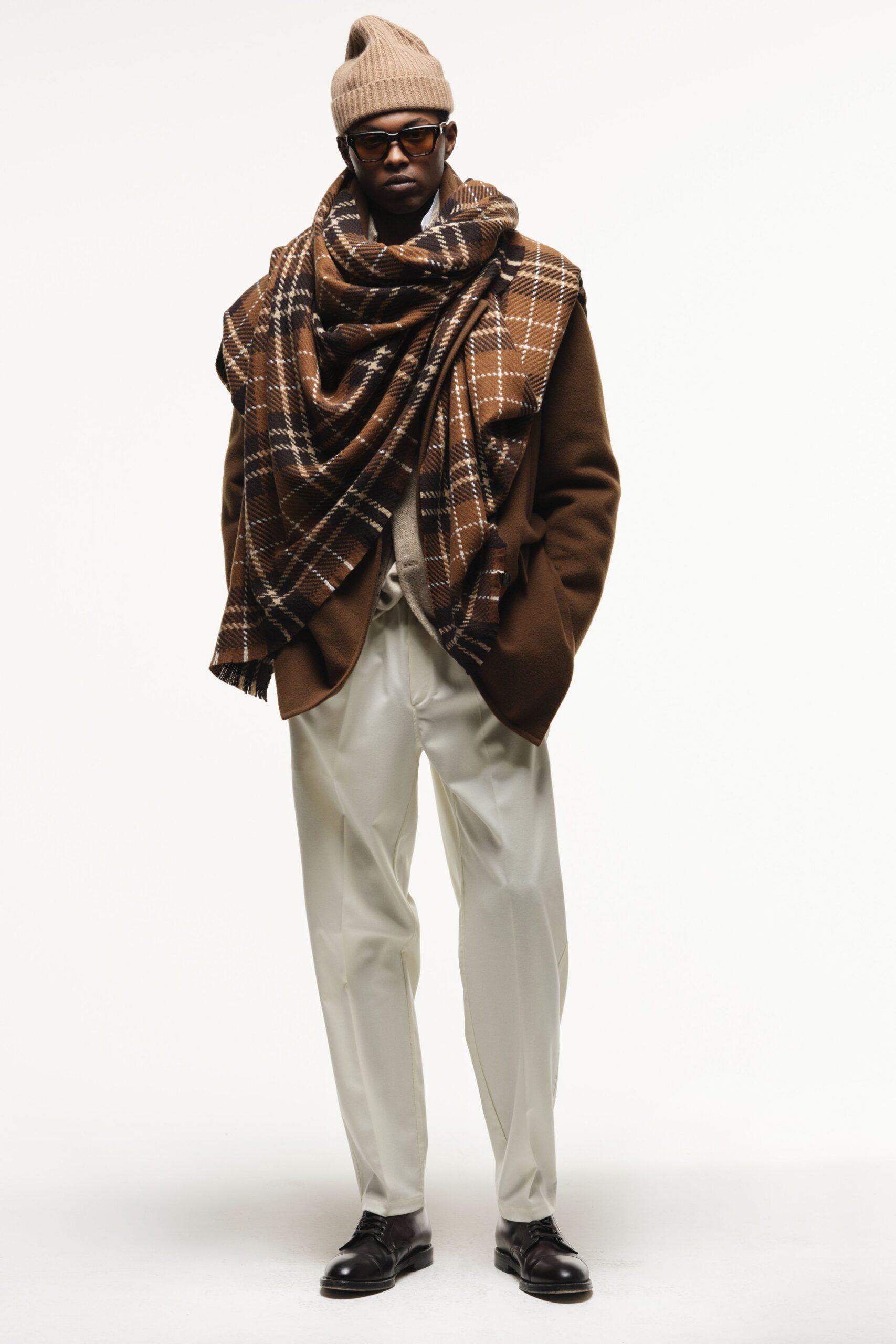 brown wool coat with checked scarf