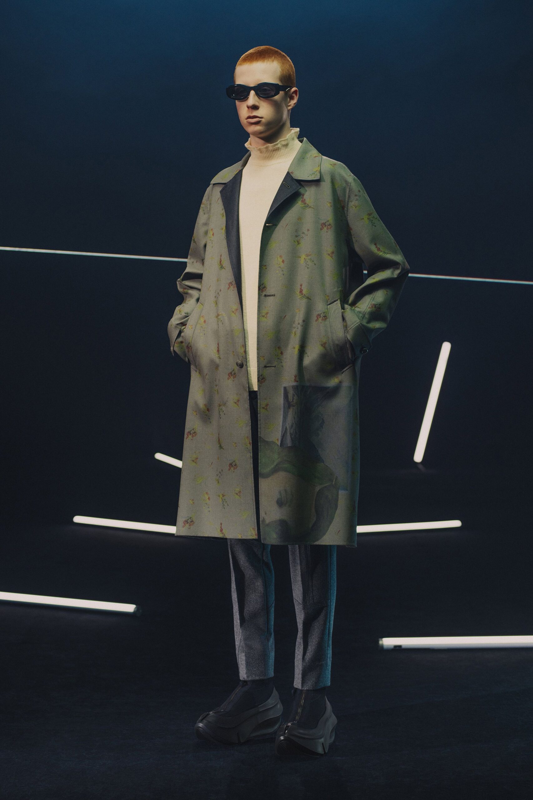 green printed coat with turtleneck