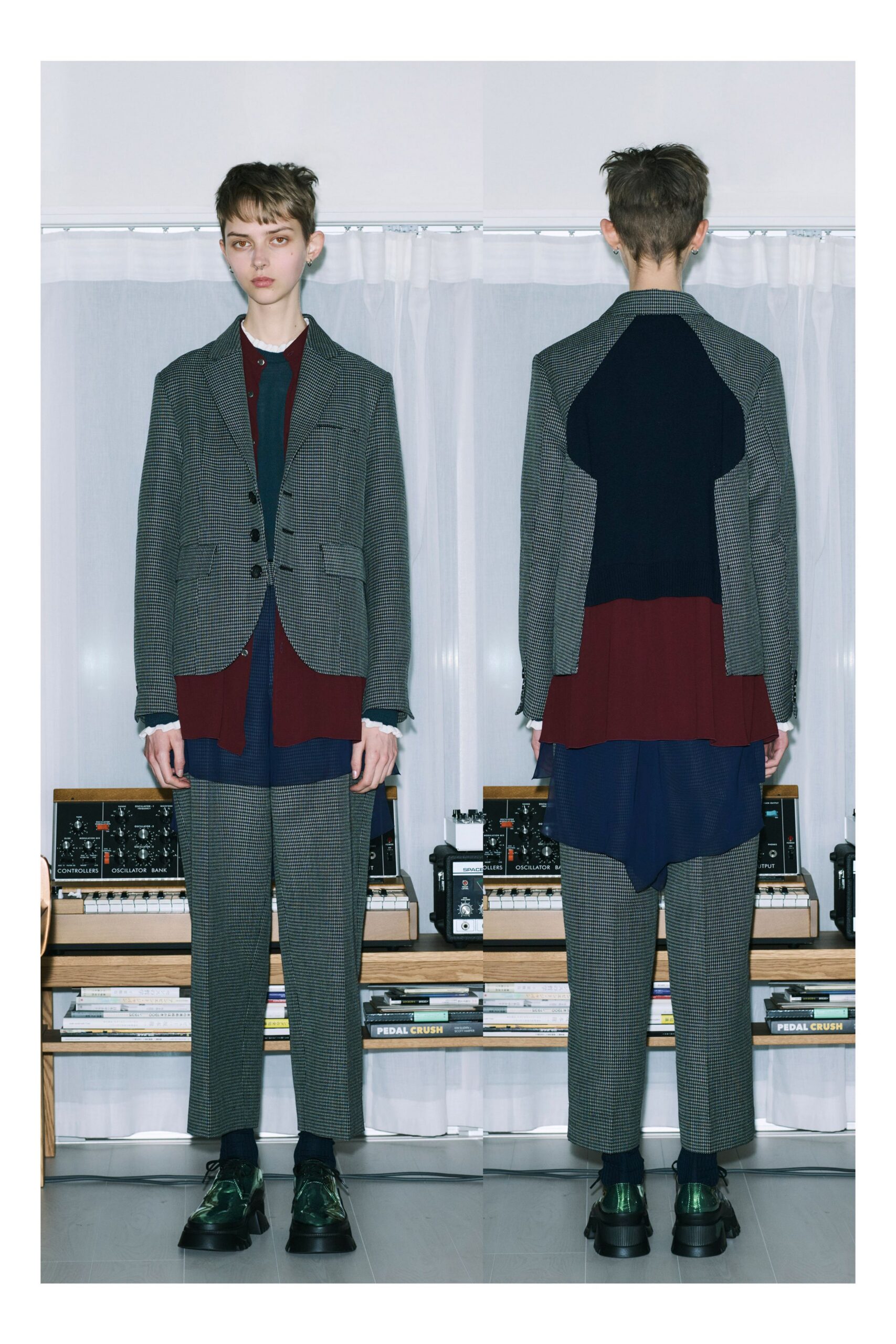 gray tailored blazer with layered shirts