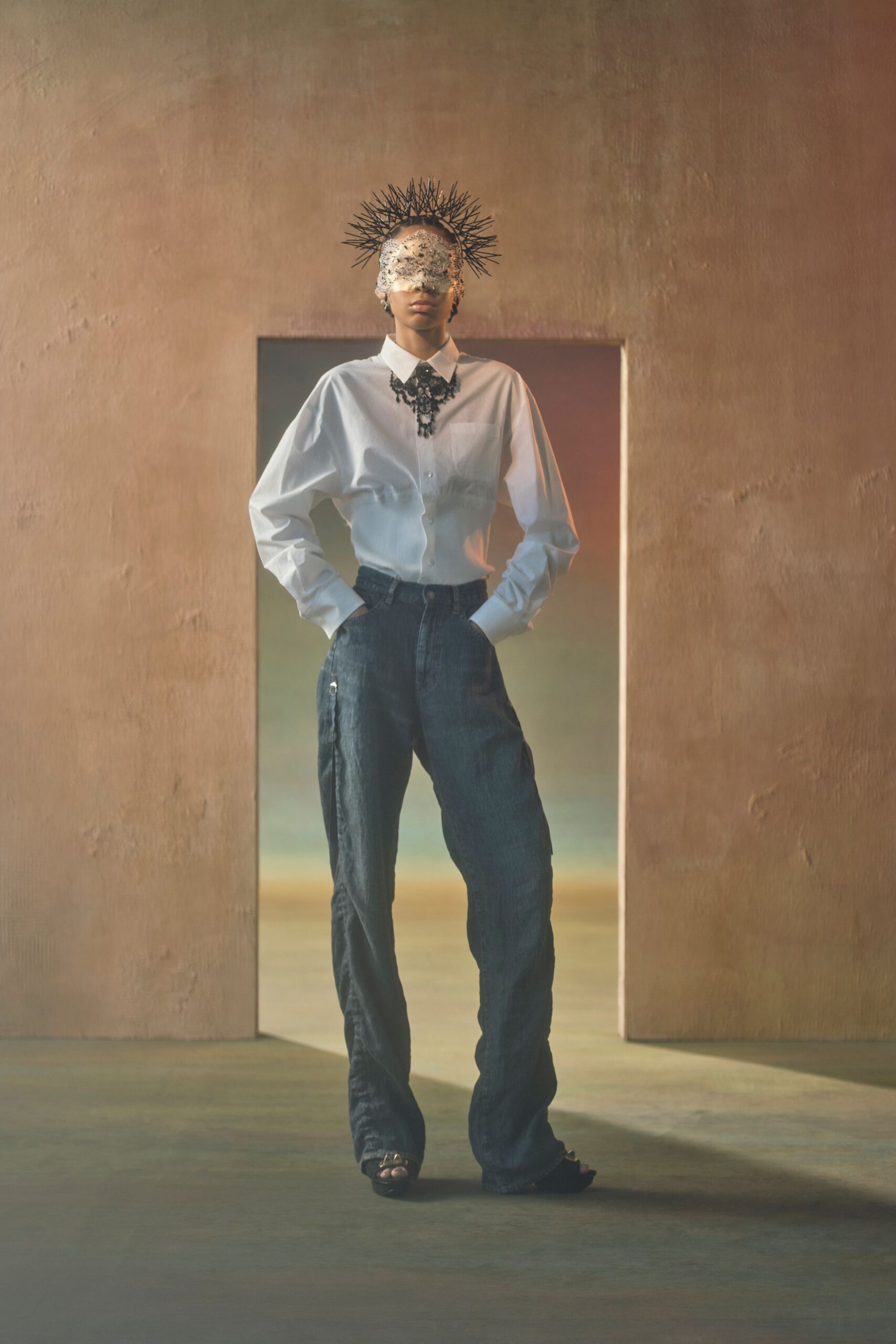 white shirt blue wide-leg pants