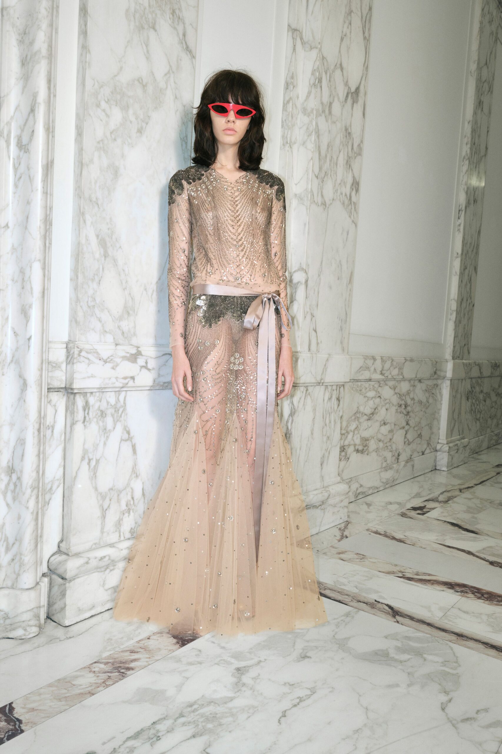 beige tulle long-sleeve v-neck fitted embellished layered gown
