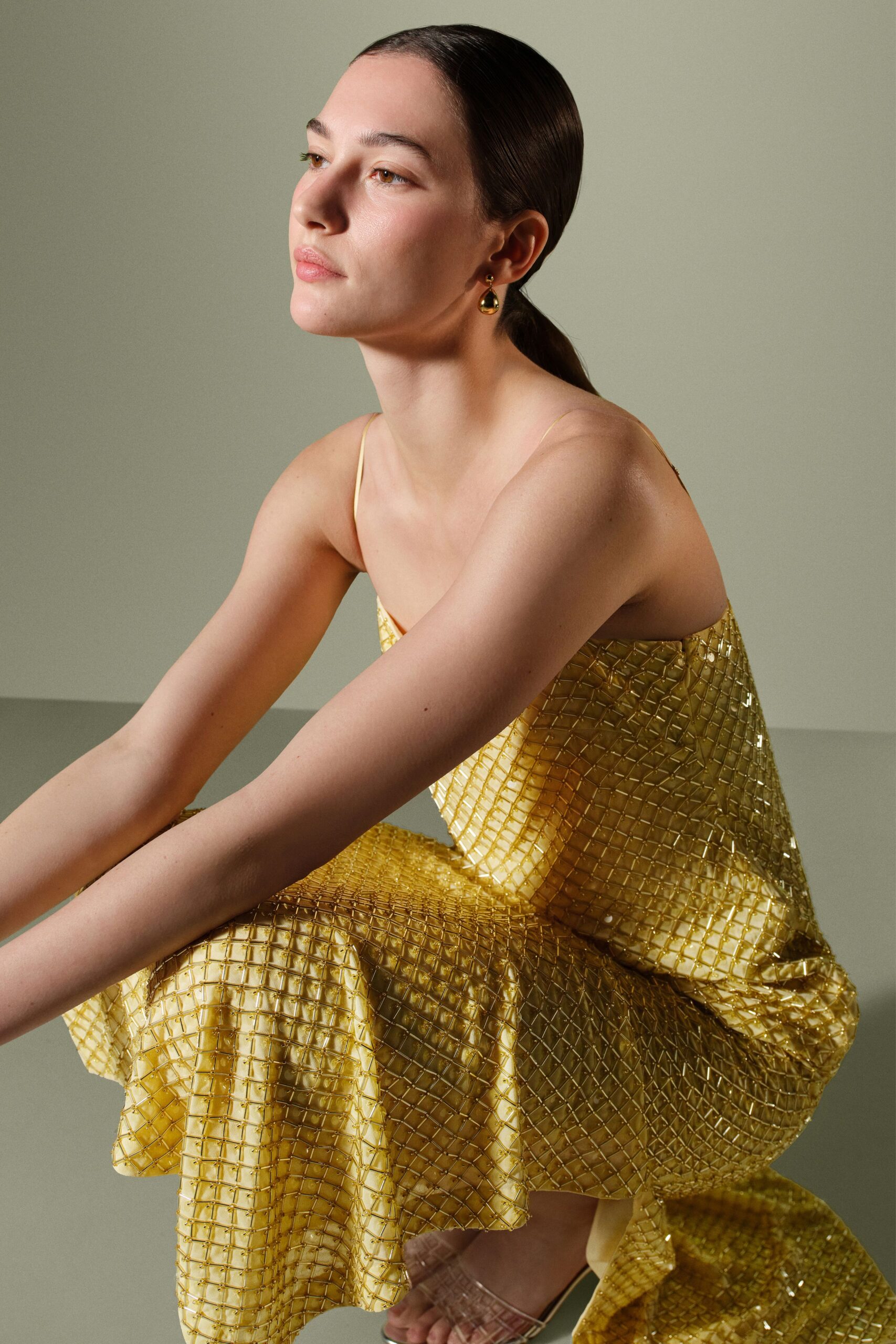 yellow silk sleeveless v-neck fitted pleated sequined dress