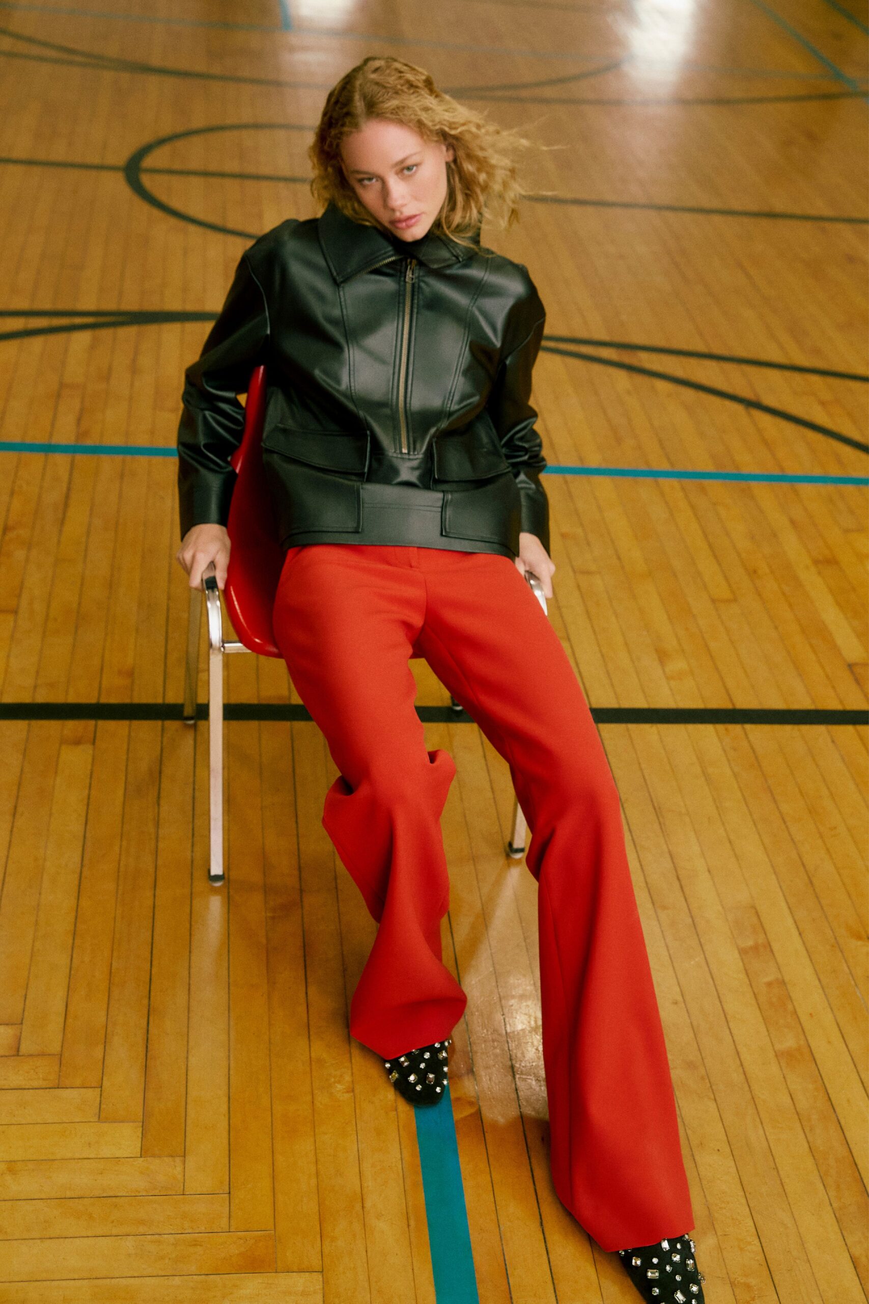 red fitted flared pants