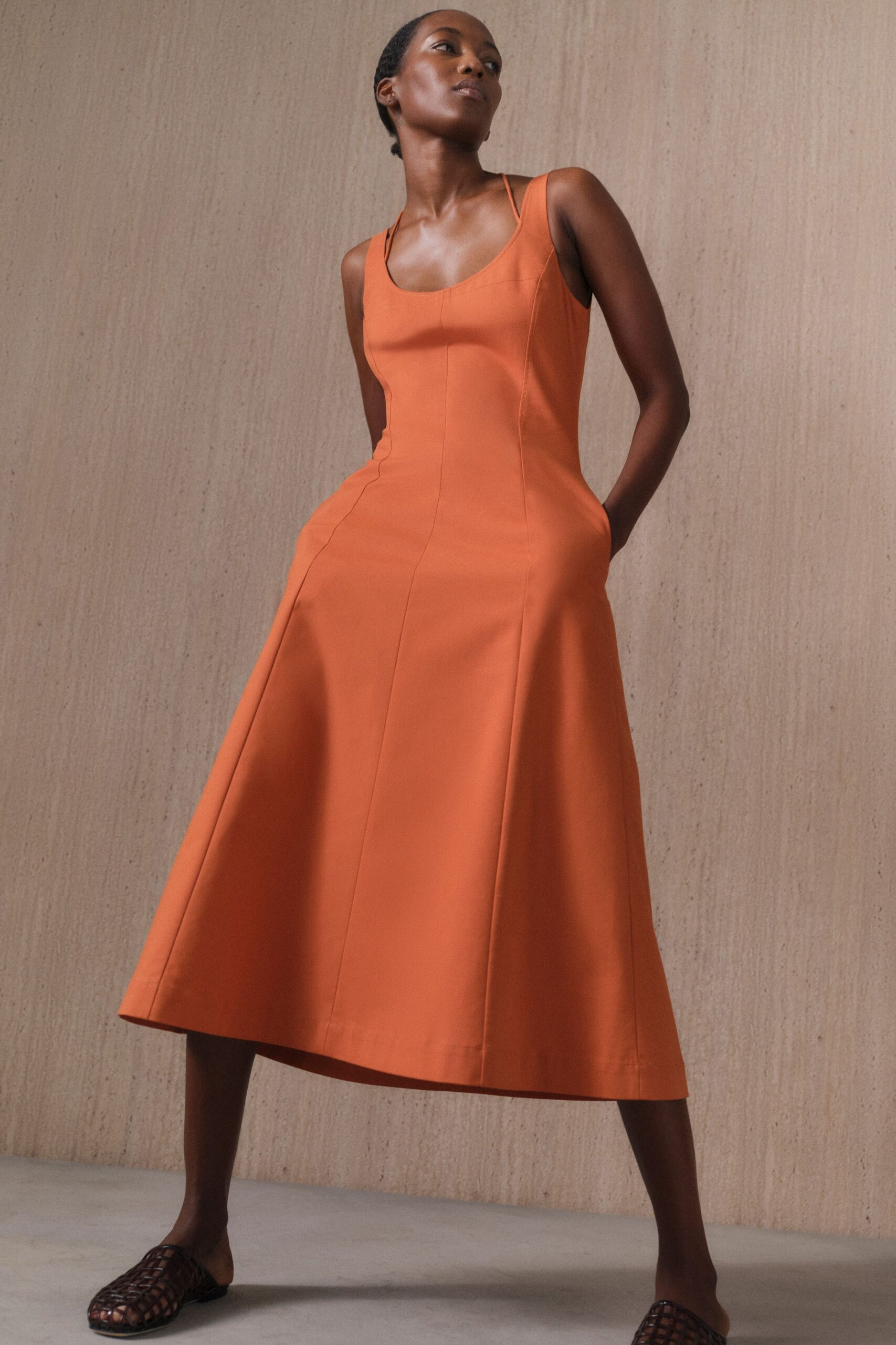orange cotton sleeveless scoop-neck fitted a-line midi dress