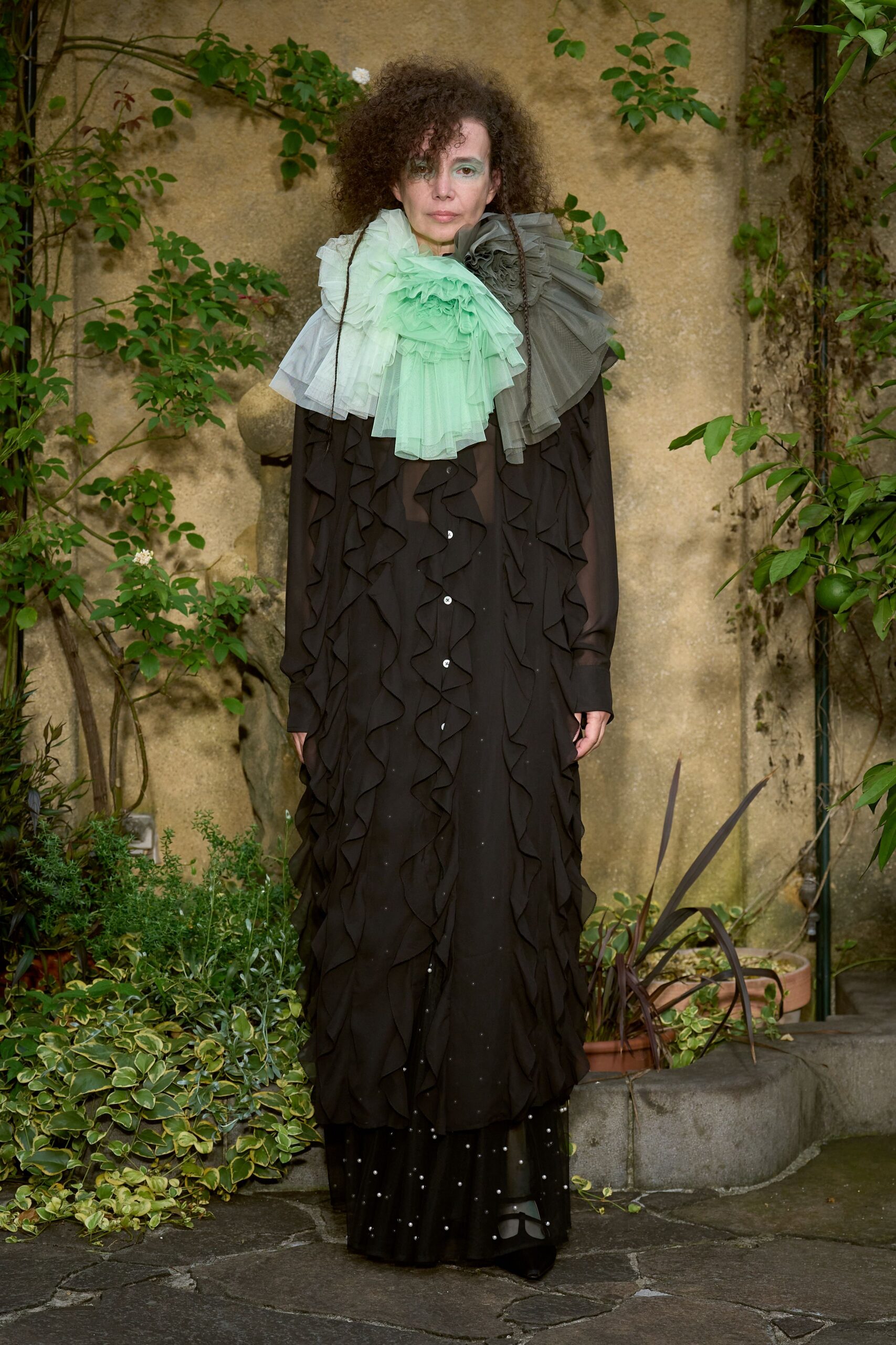 black silk long-sleeve collared relaxed ruffled layered dress