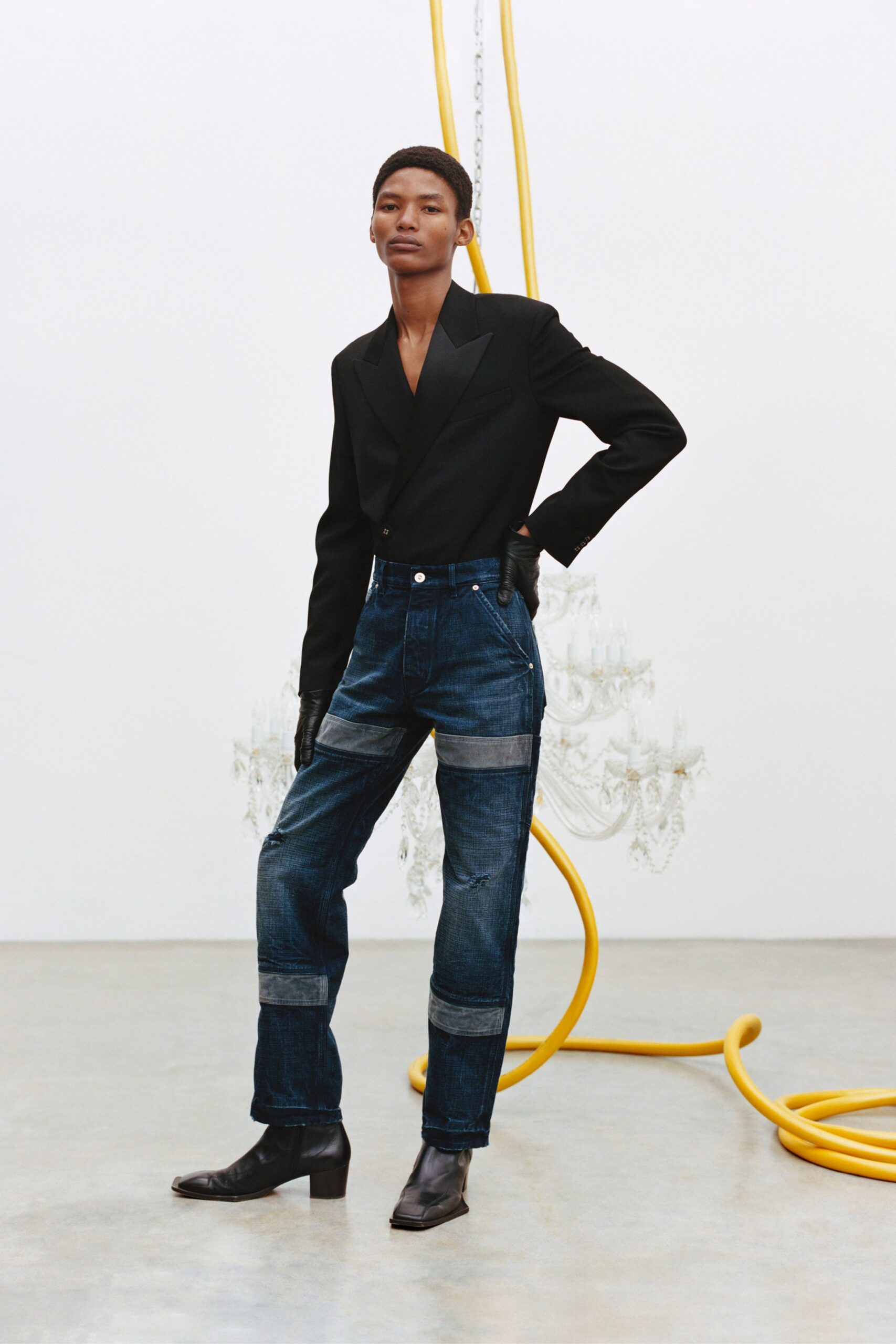 black blazer blue denim pants