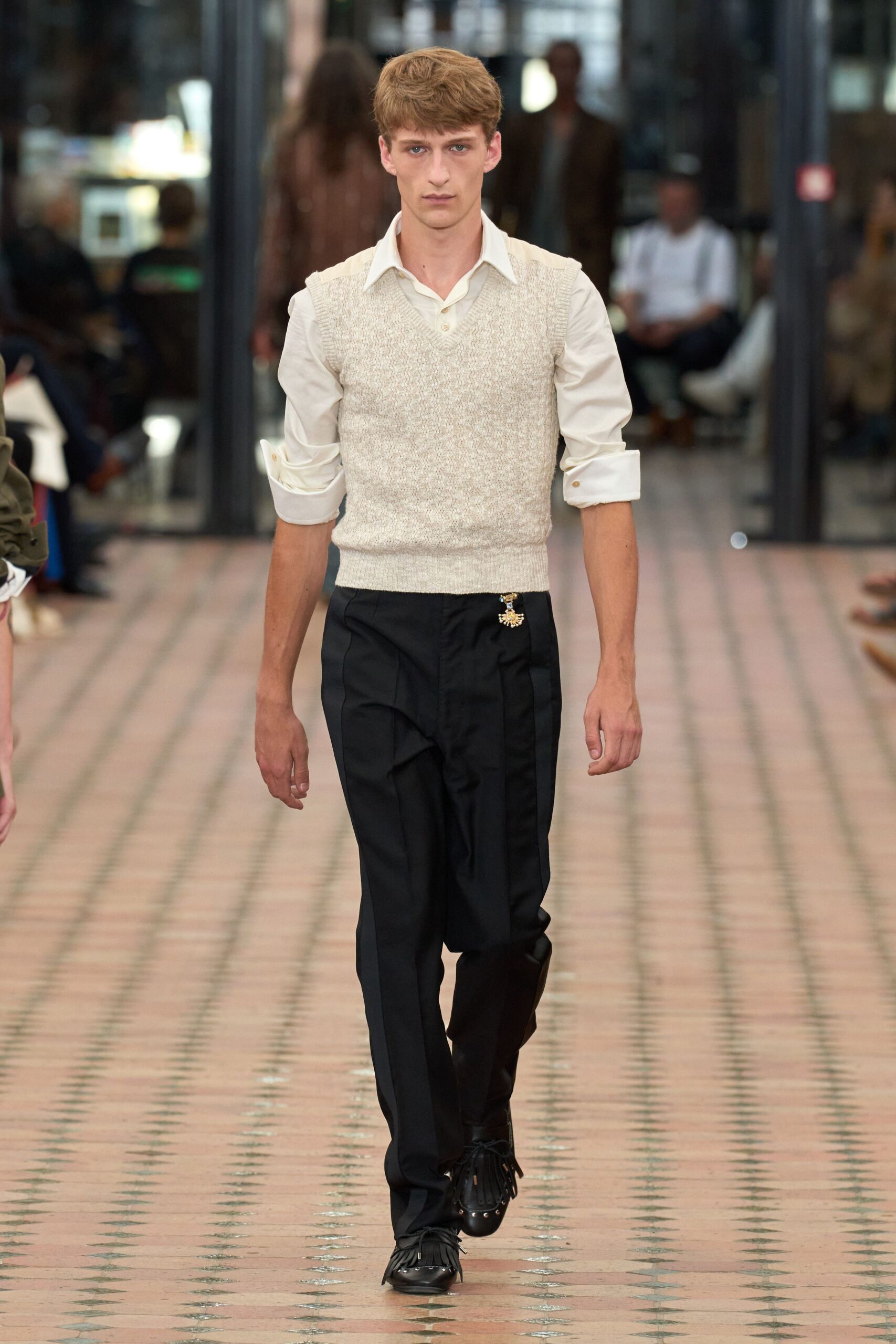 beige knit vest white shirt black pants