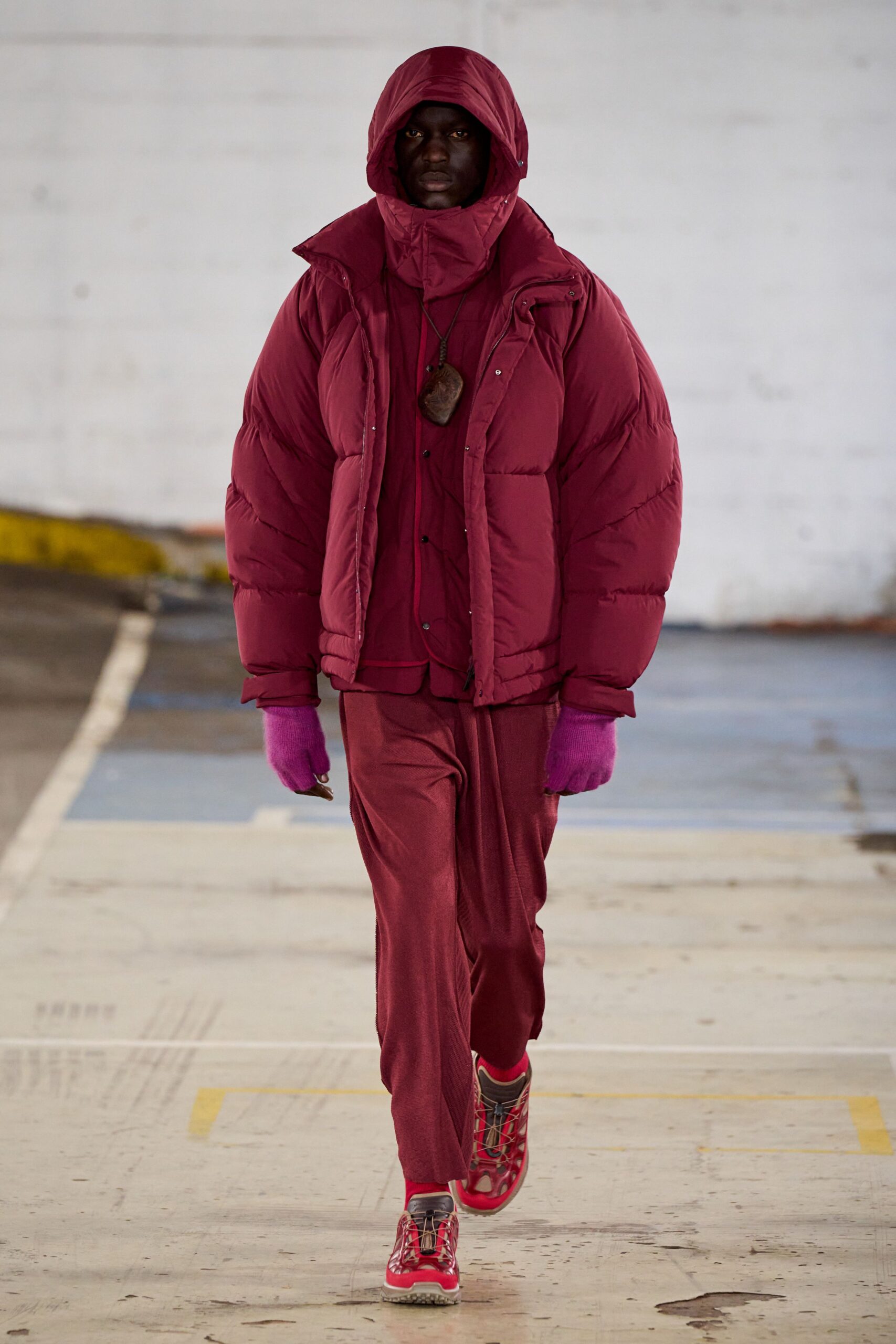 red padded jacket with gloves