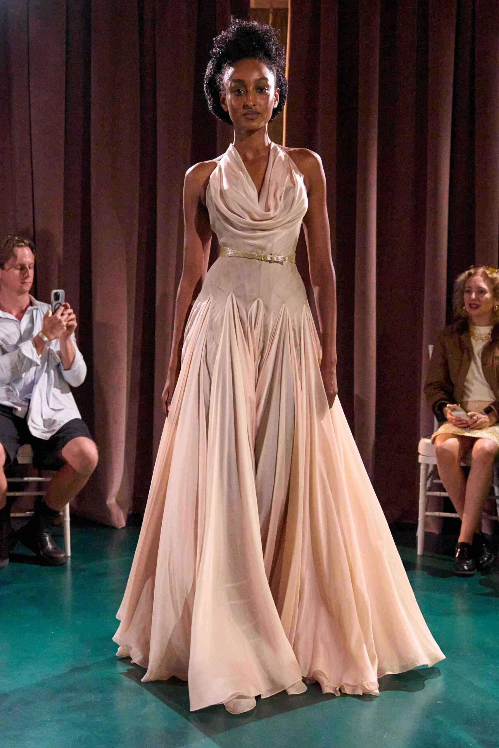 beige silk sleeveless gown