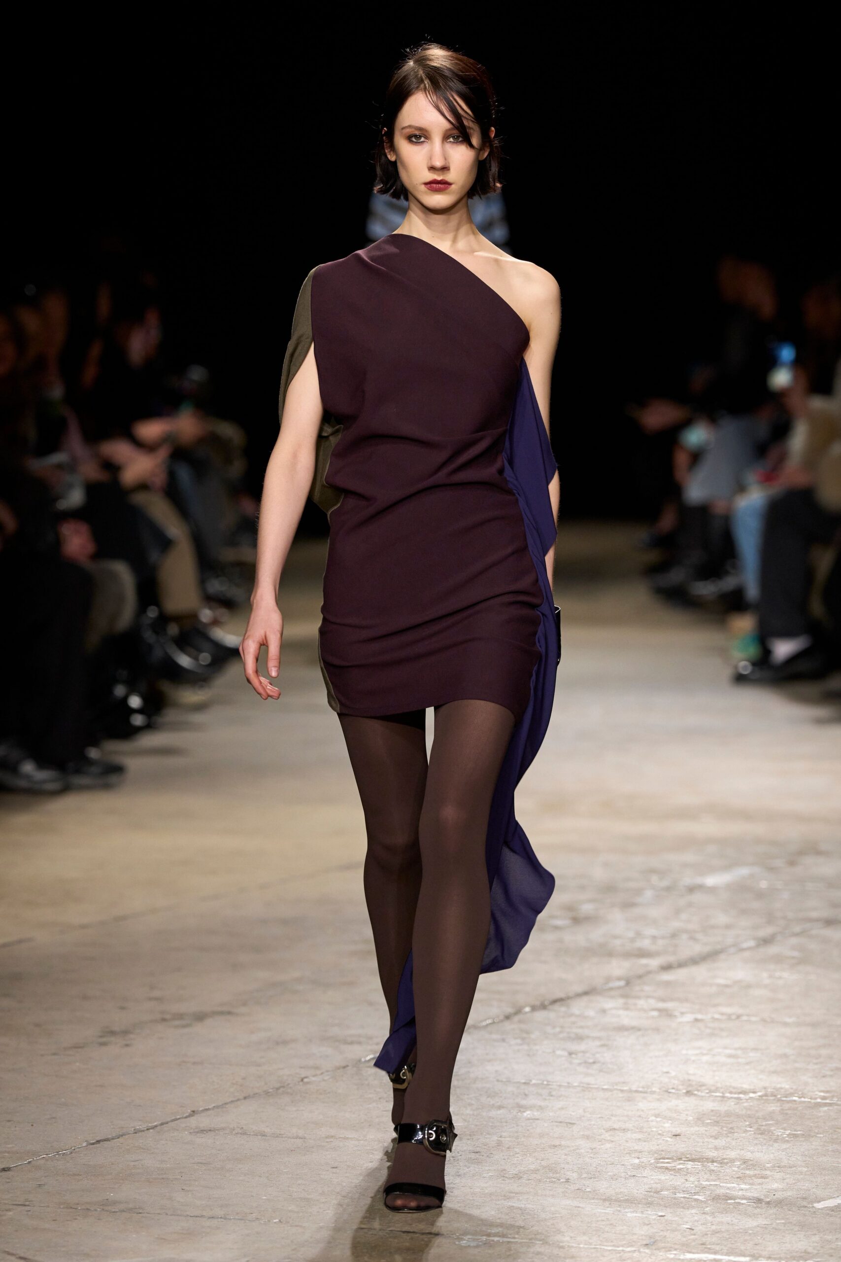 purple cotton sleeveless asymmetric fitted draped mini dress