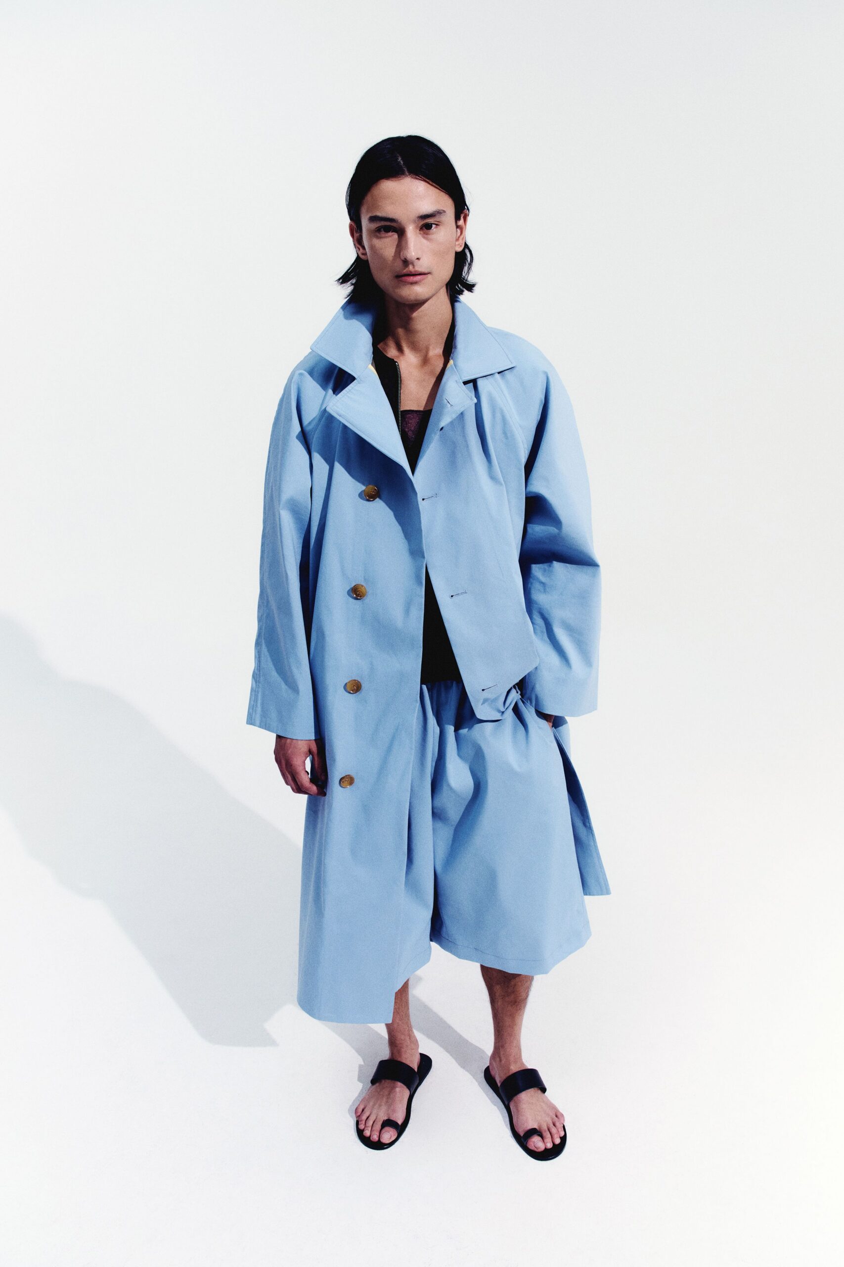 blue relaxed coat with shorts