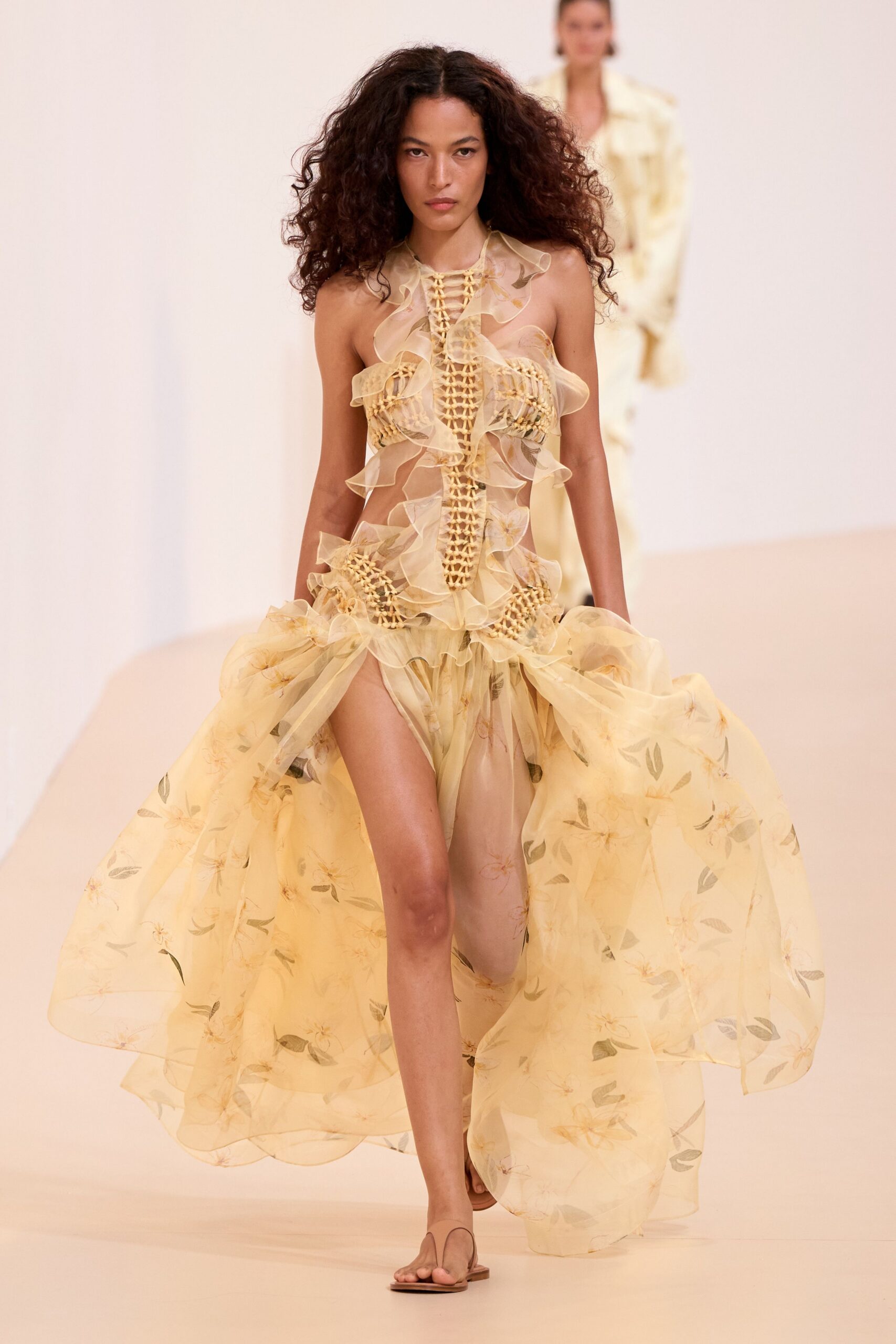 yellow chiffon sleeveless v-neck fitted floral ruffled dress