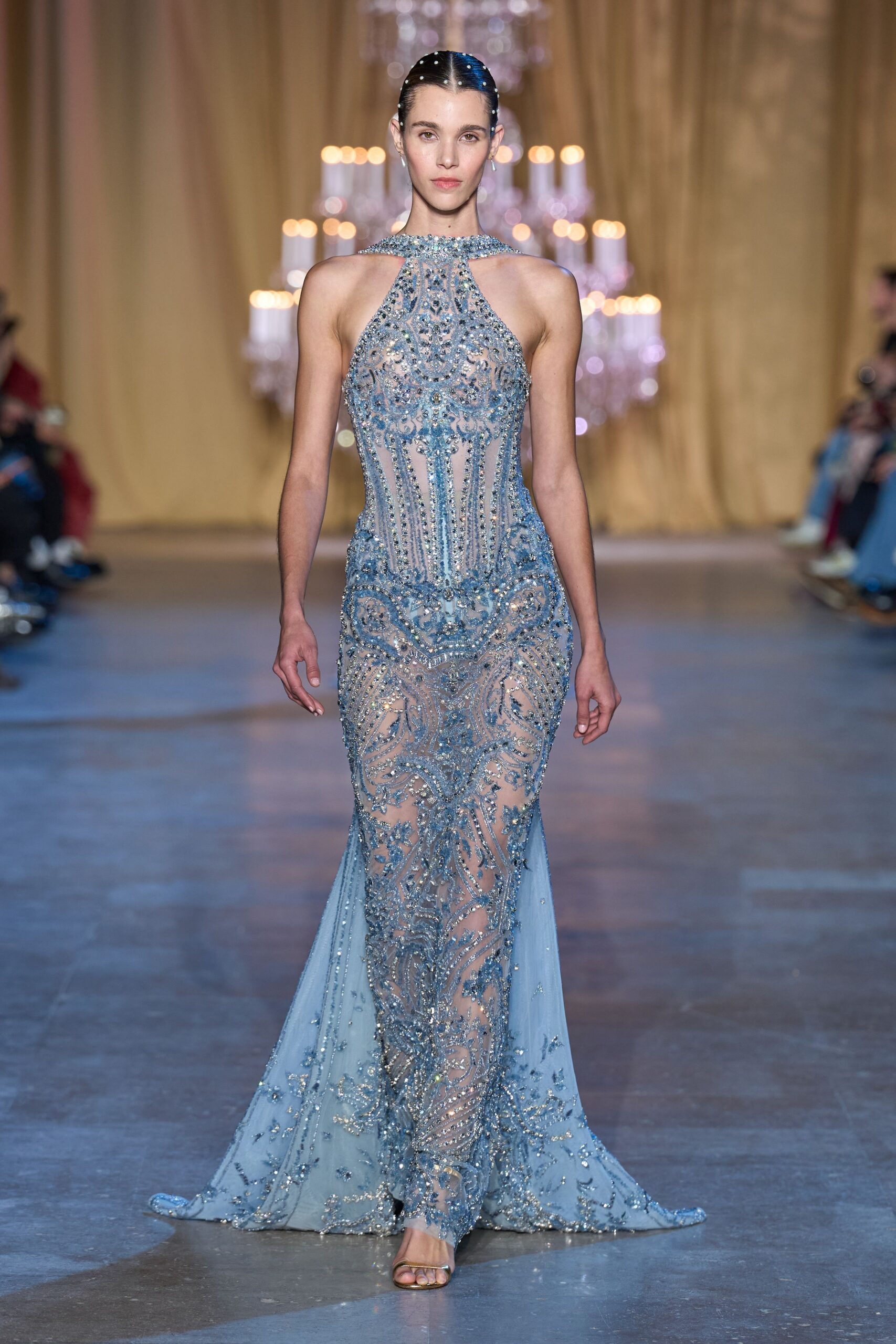 blue silk sleeveless high-neck fitted beaded gown
