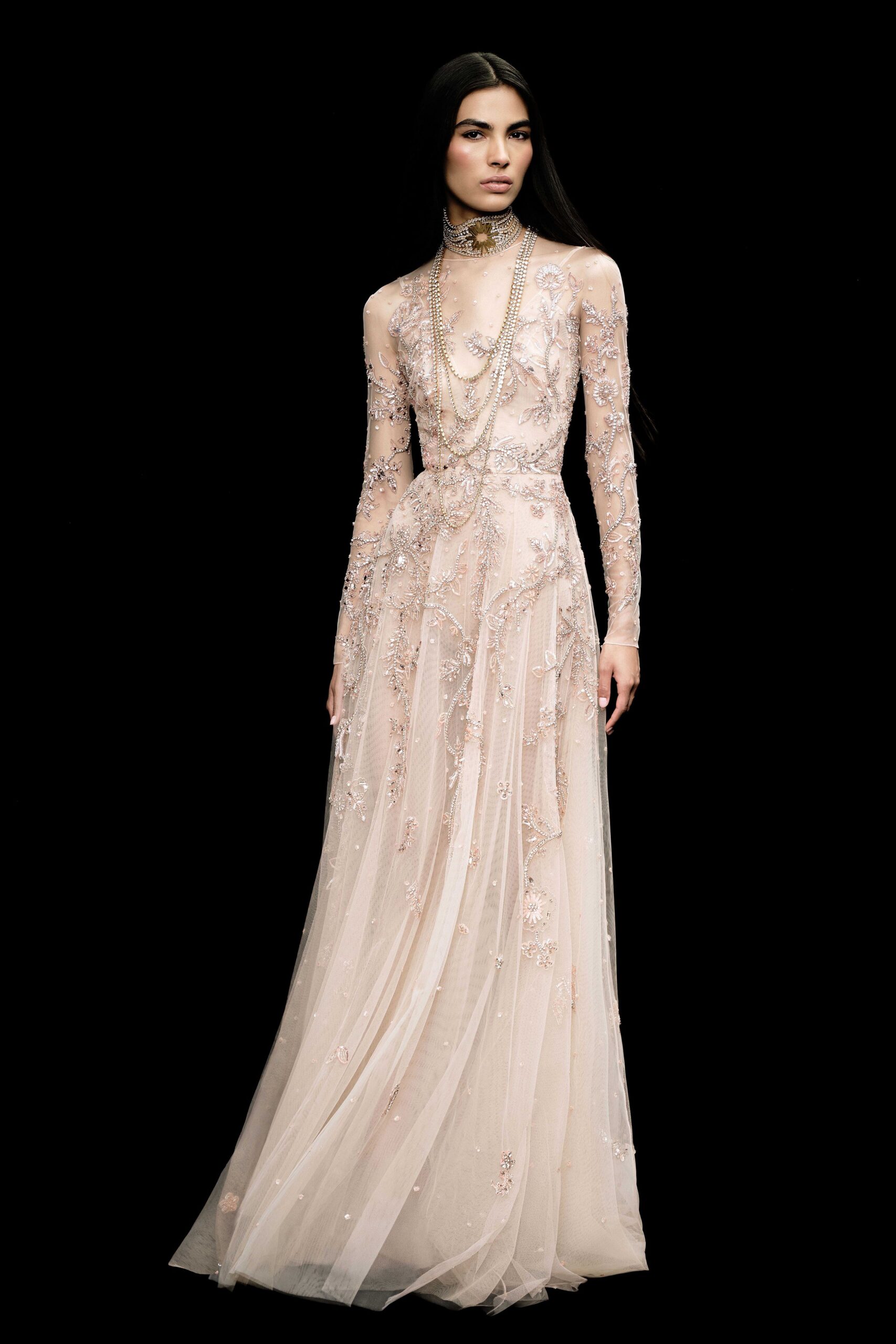 pink embroidered sheer gown