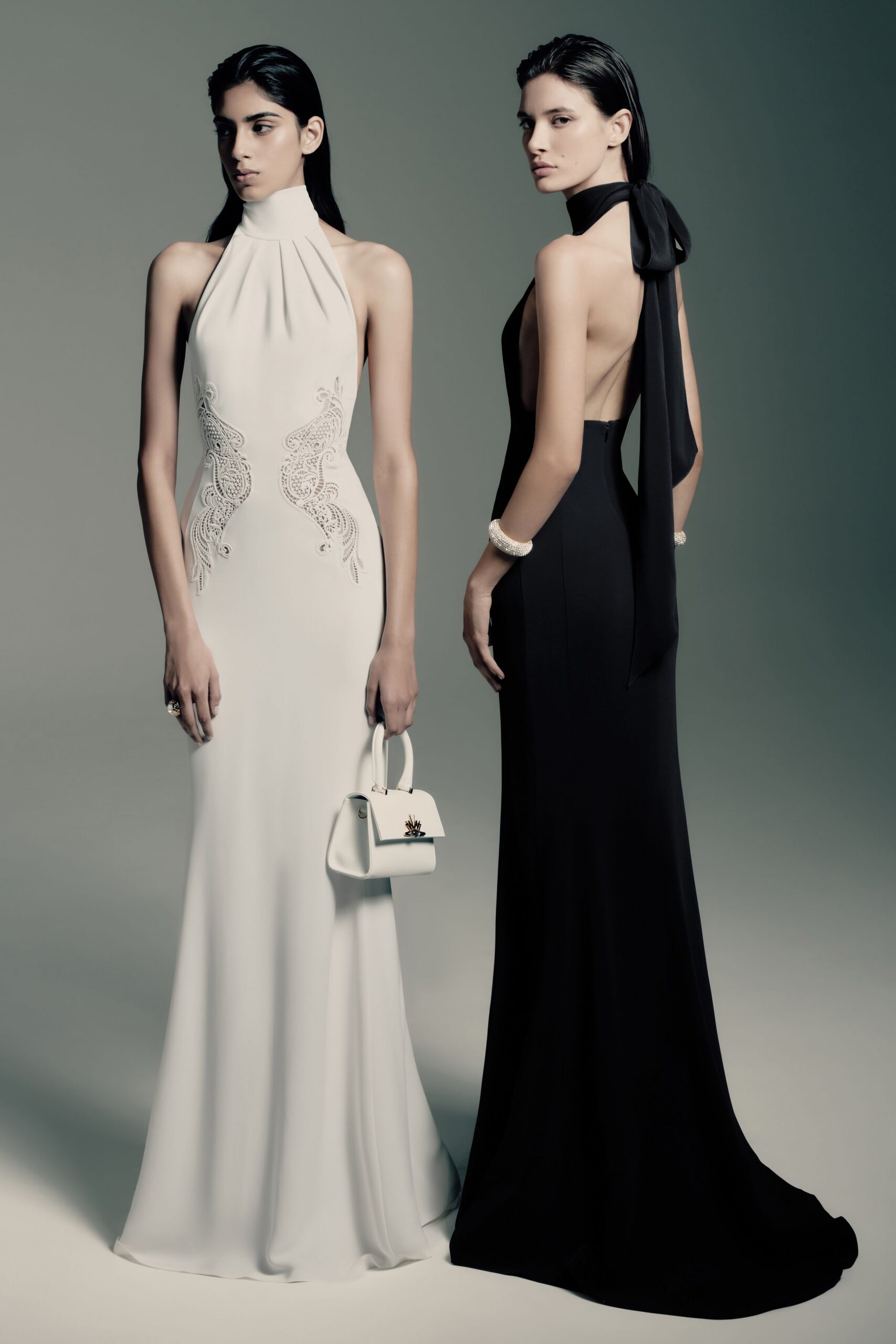 white and black fitted gowns