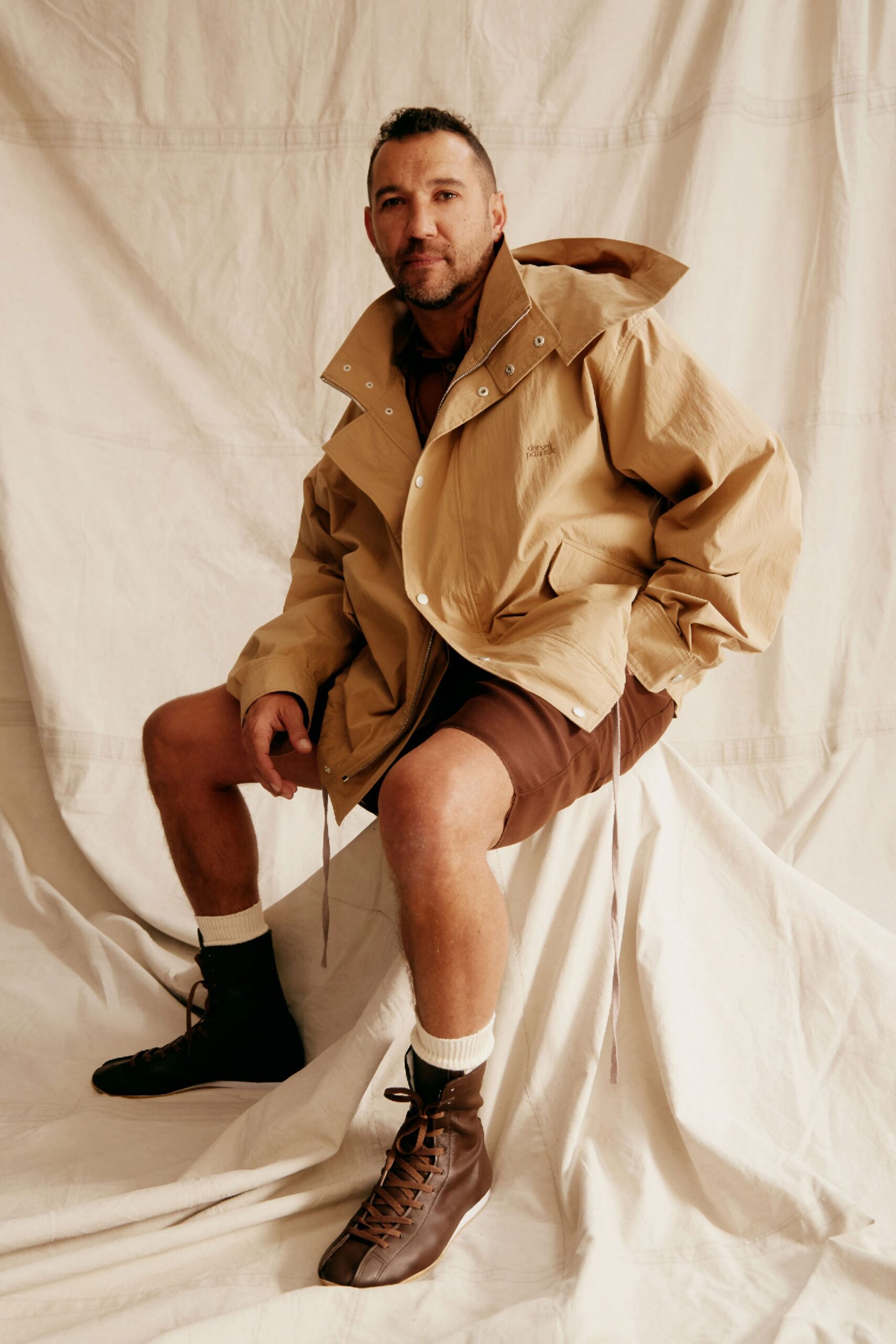 beige jersey long-sleeve hooded relaxed zippered jacket