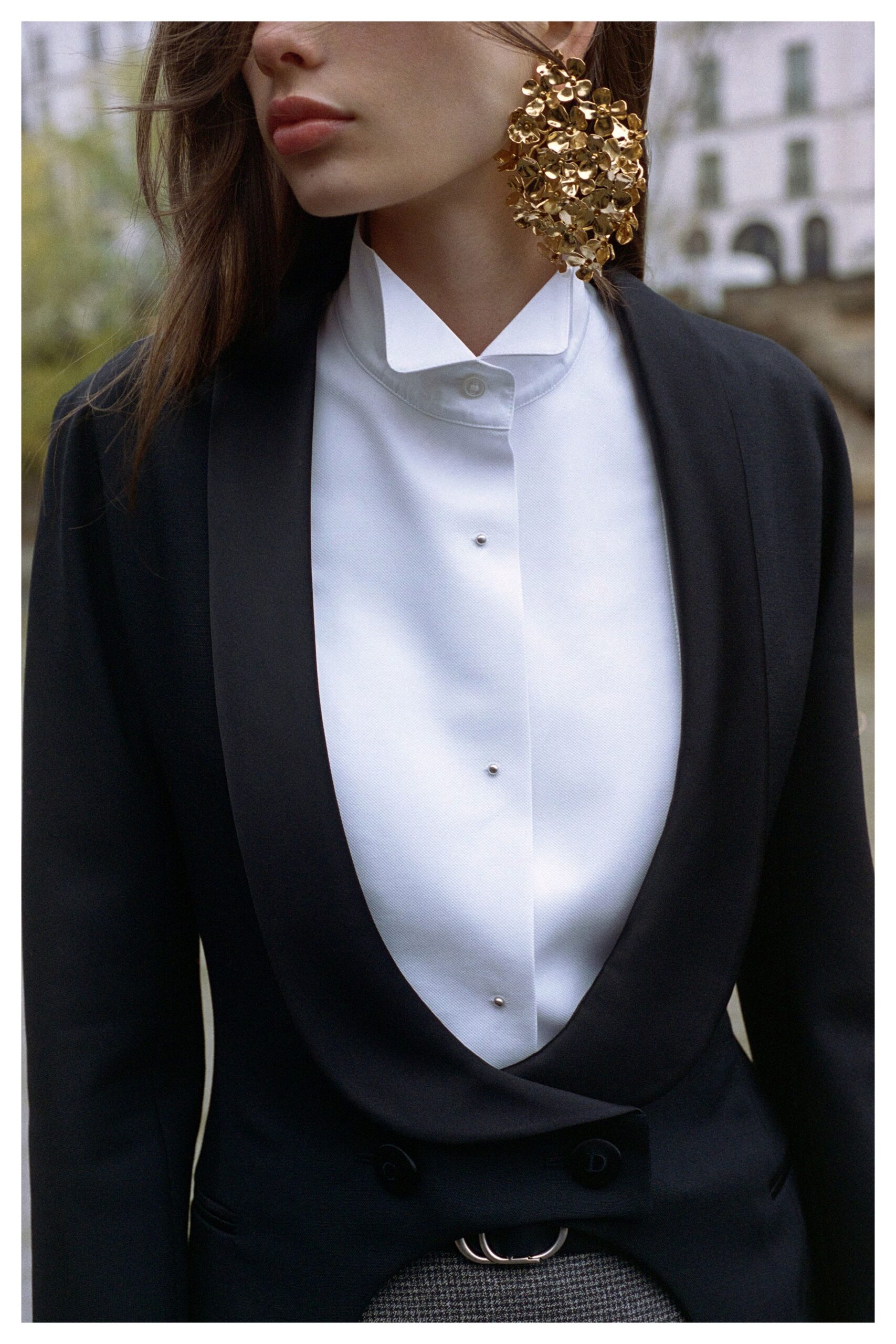black tailored blazer with white shirt