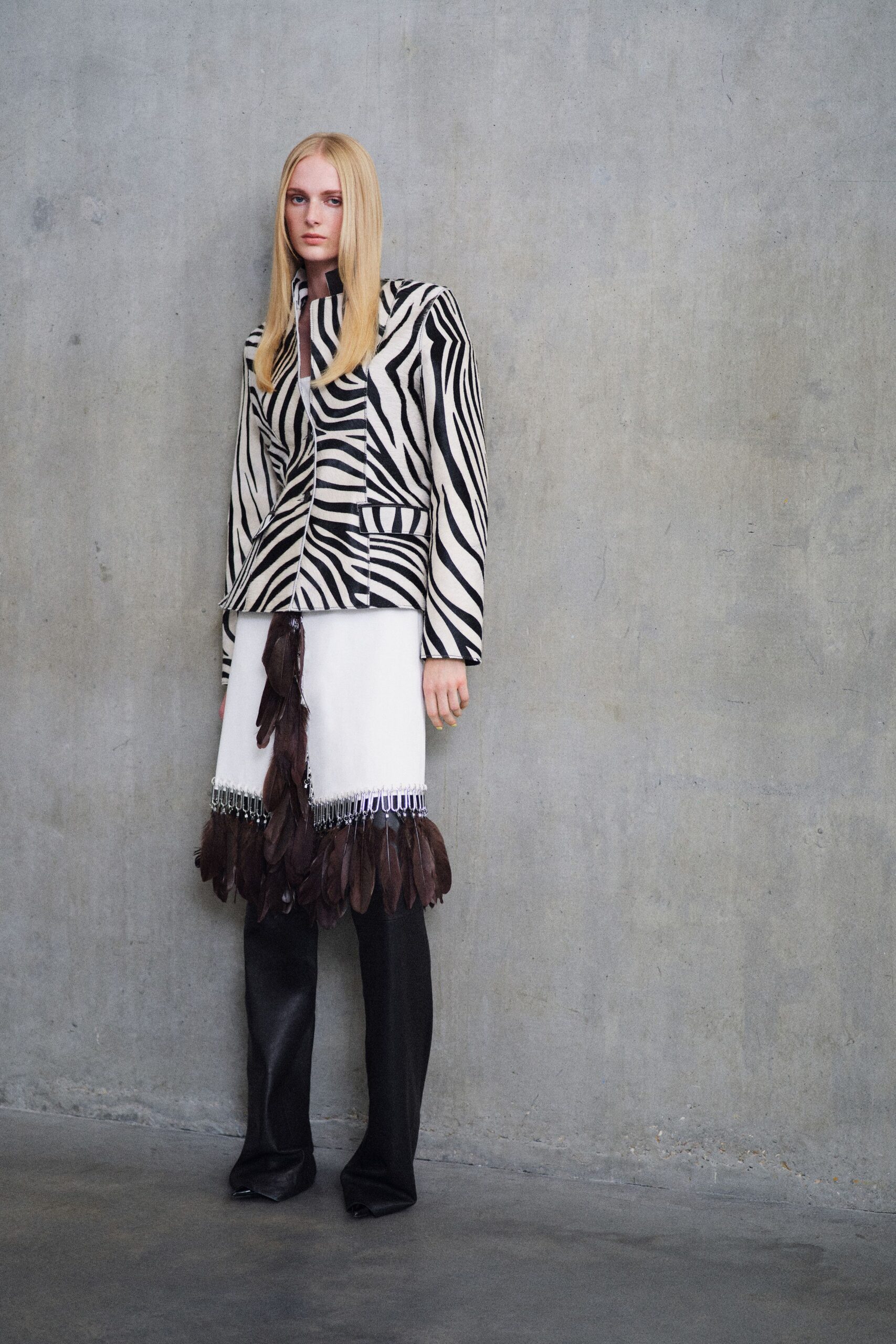 black and white striped blazer with fringed skirt