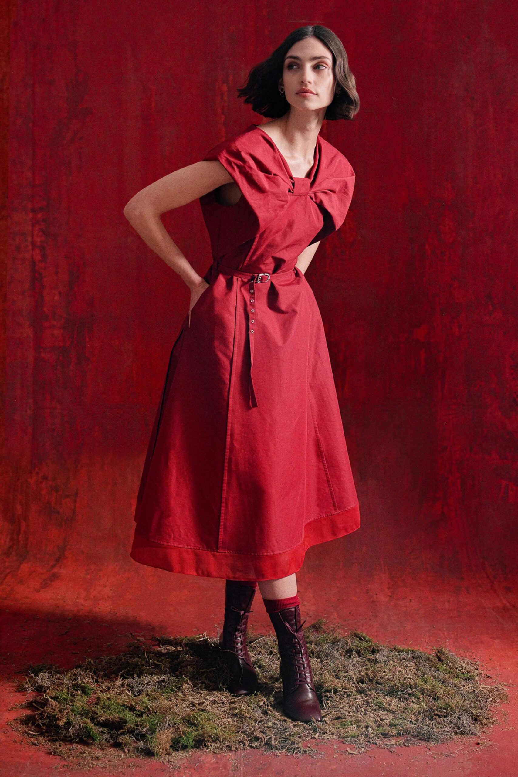 red cotton midi dress with boots