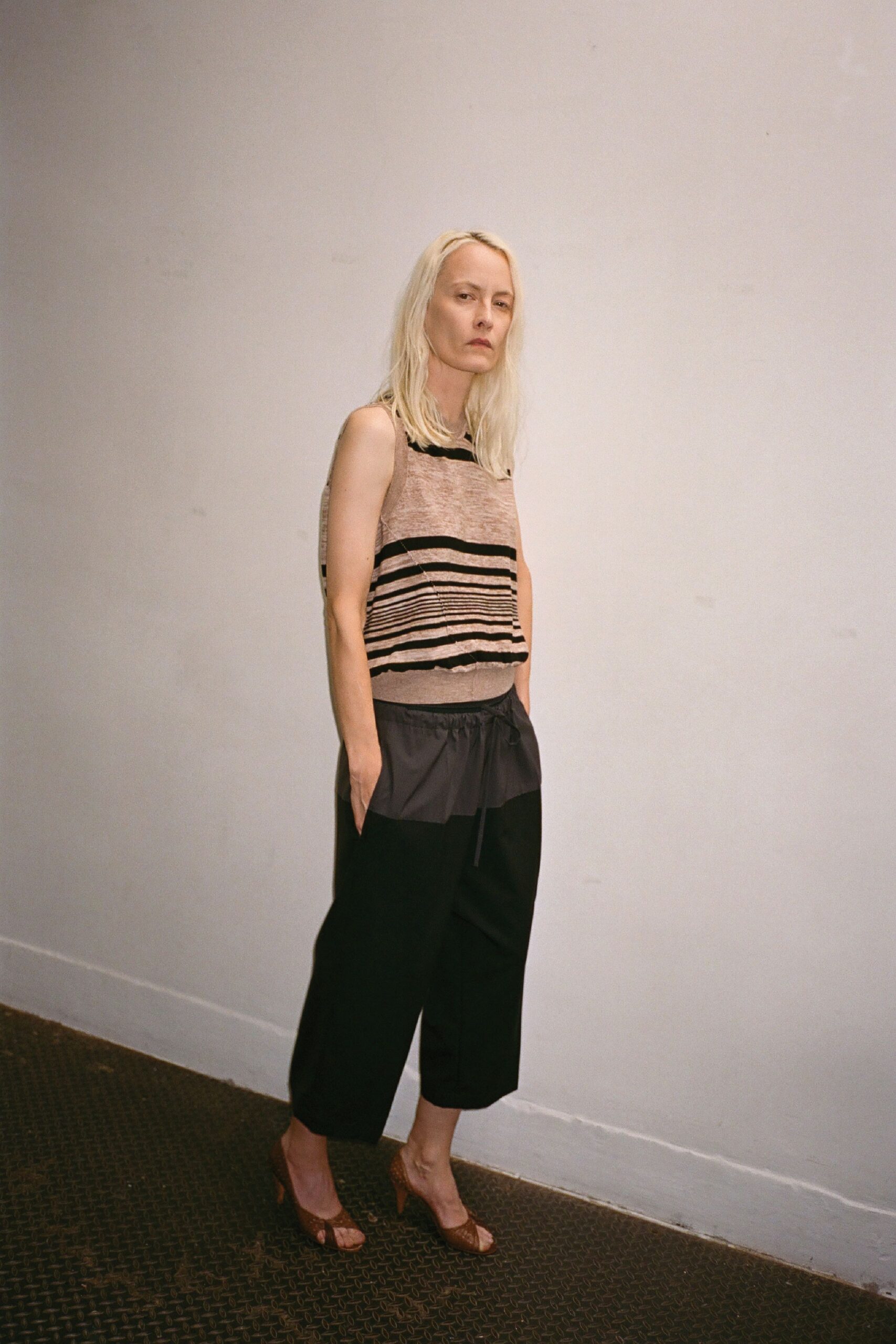 beige cotton sleeveless high-neck fitted striped top