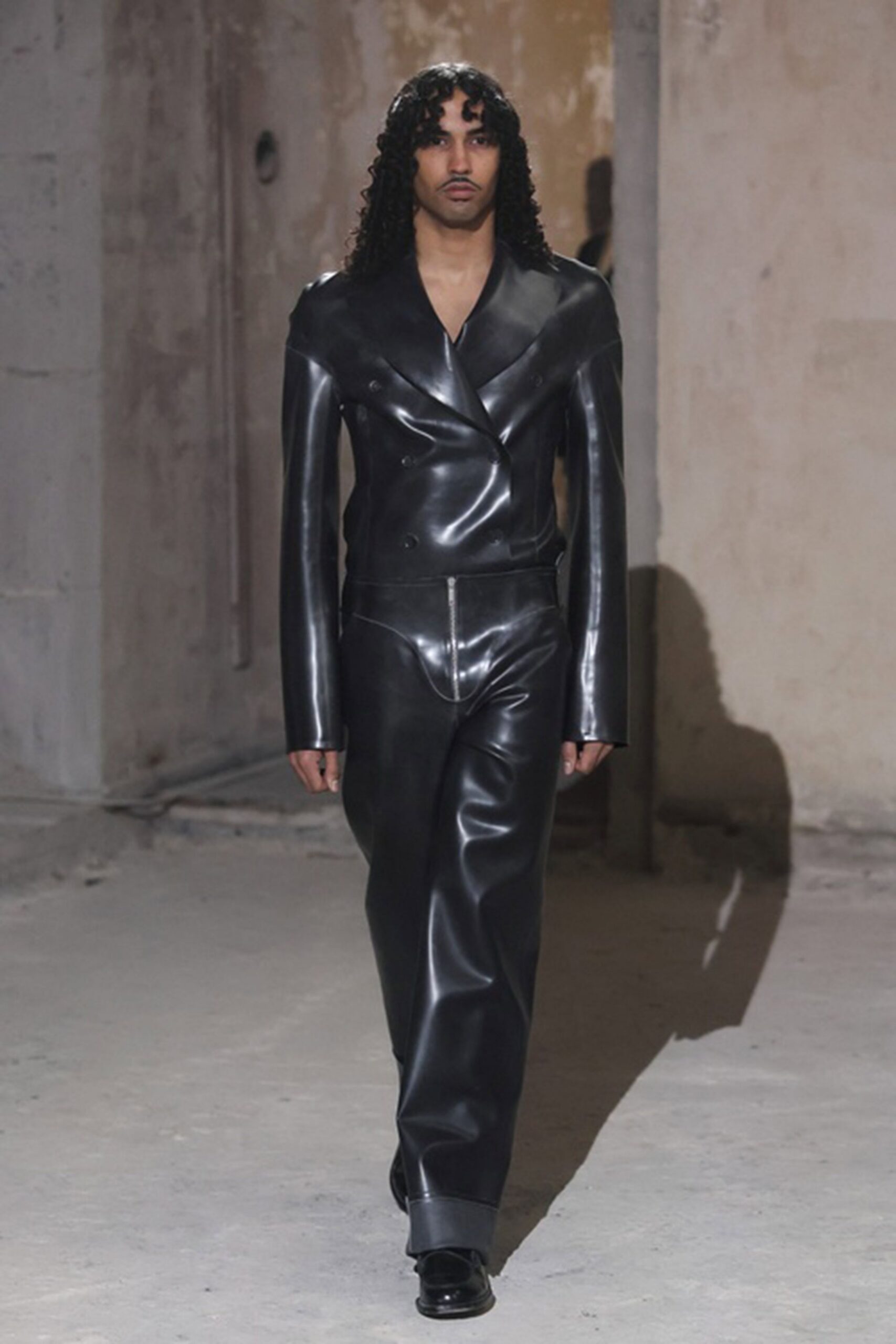 black leather fitted jacket and pants