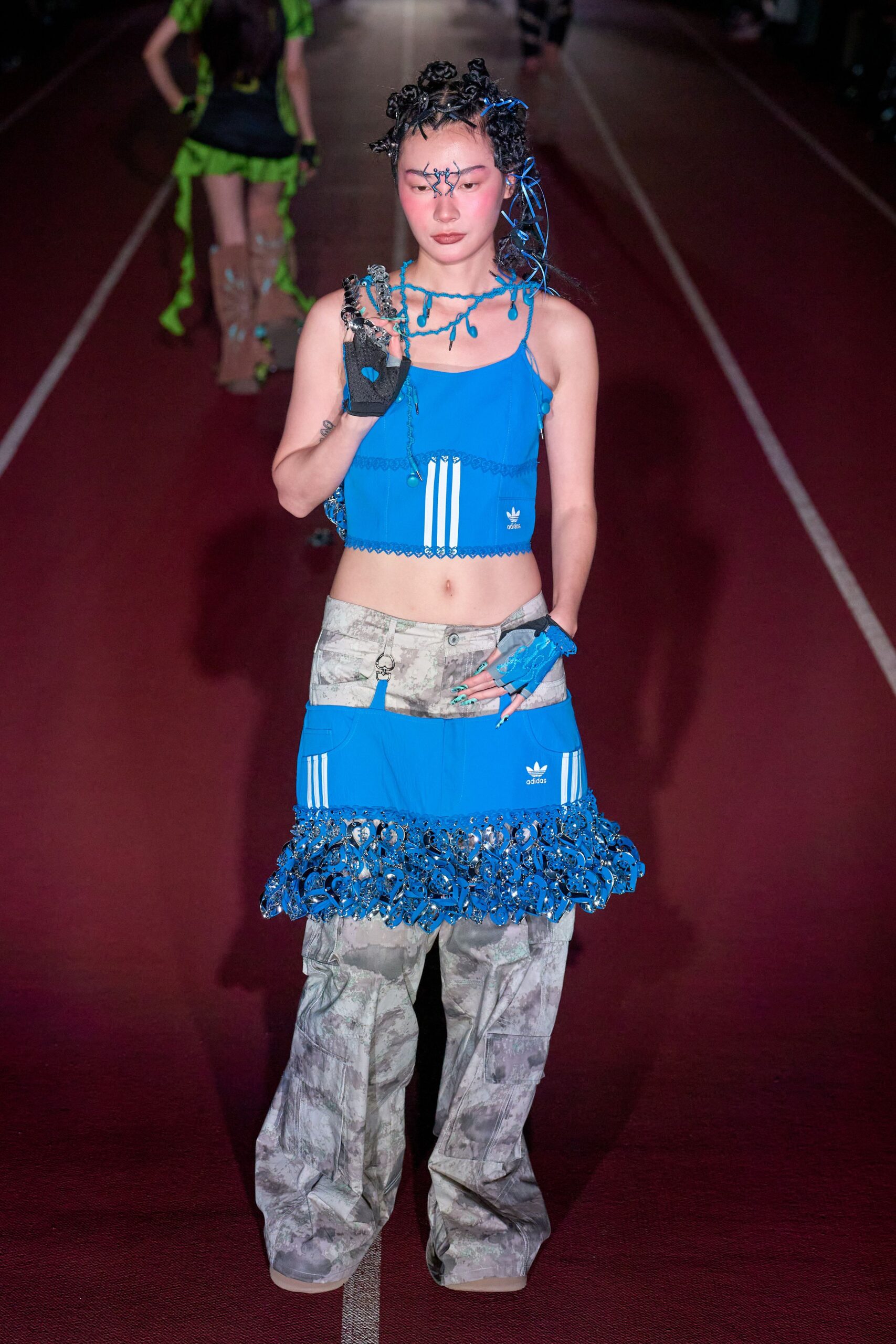 blue cotton sleeveless high-neck fitted ruffled top