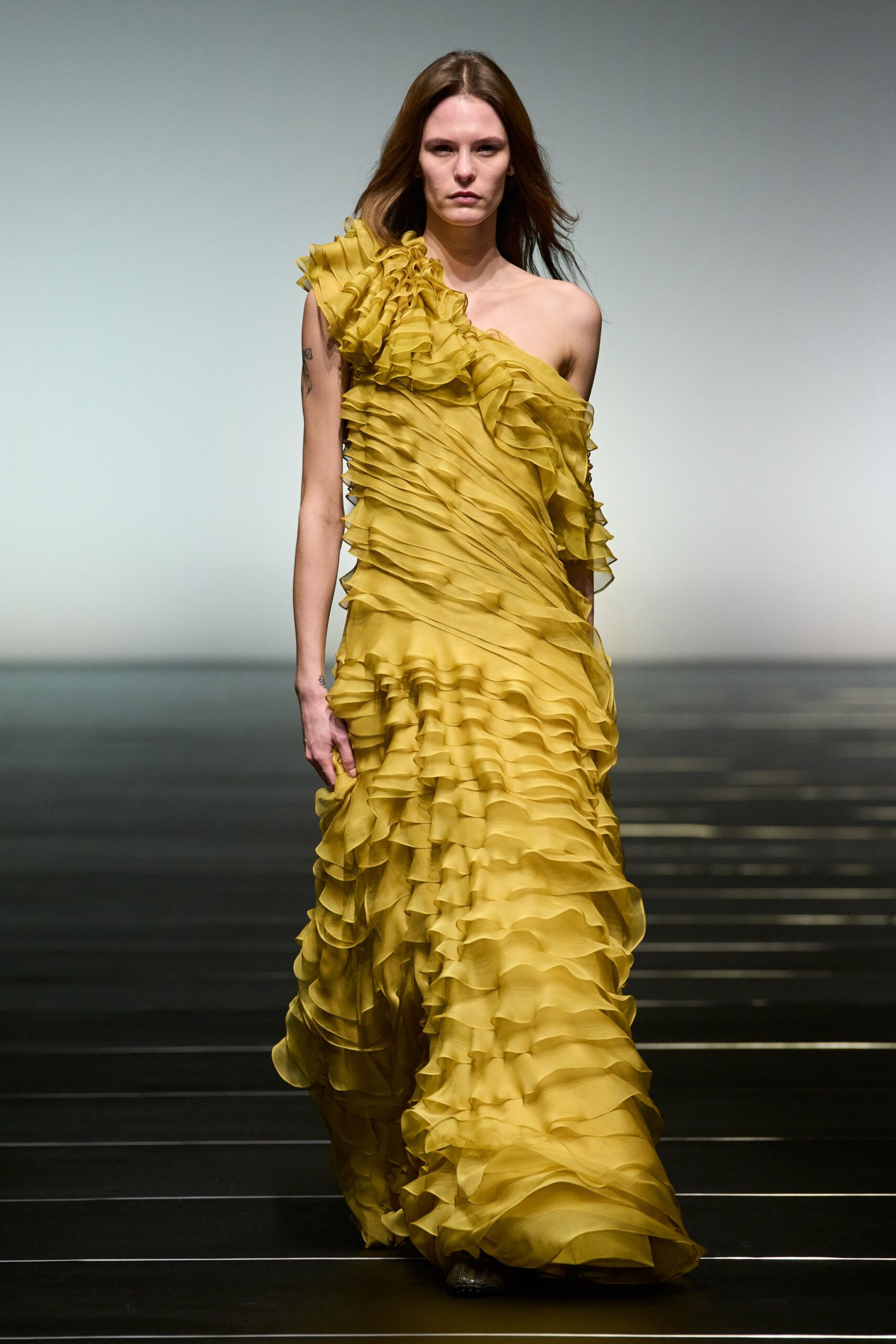 yellow ruffled off-shoulder gown