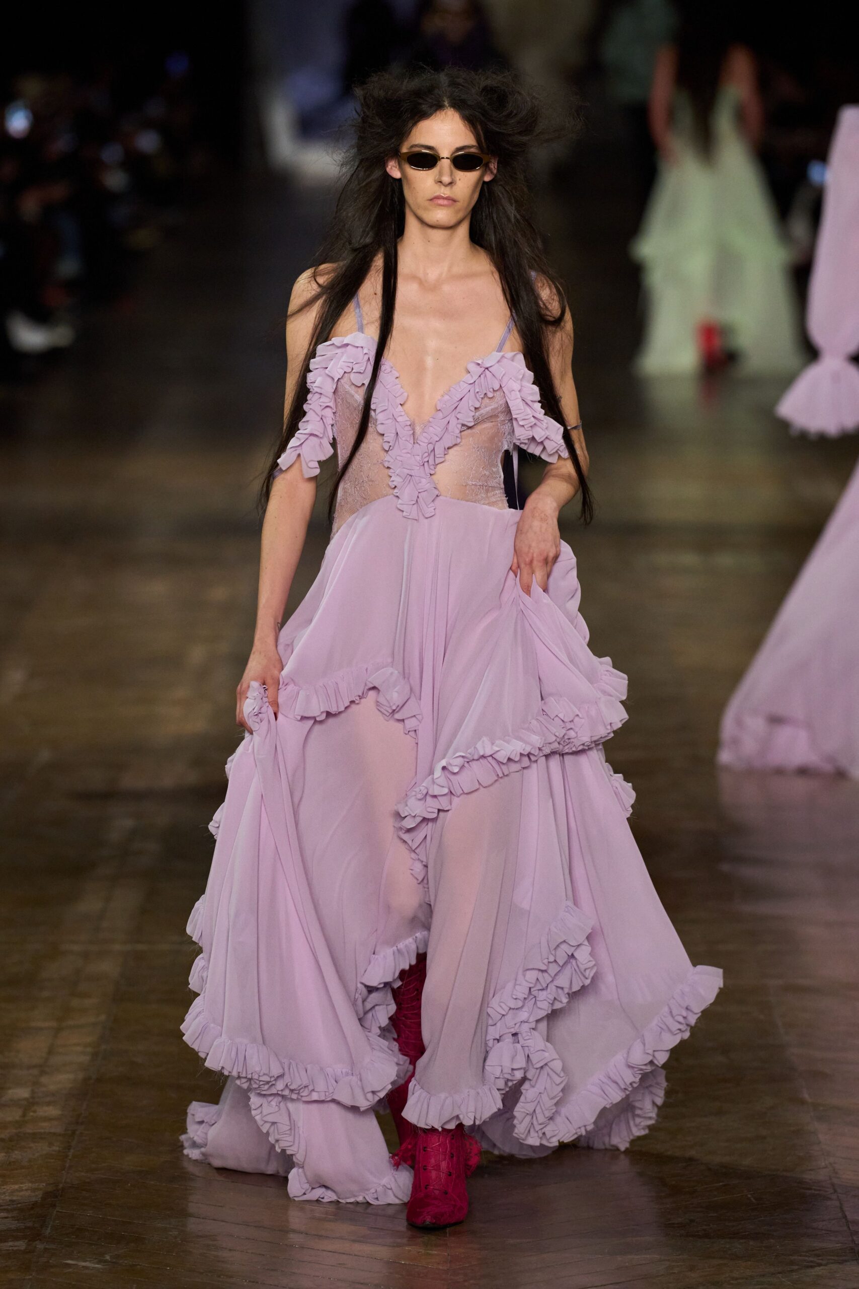 purple chiffon sleeveless v-neck fitted ruffled layered gown