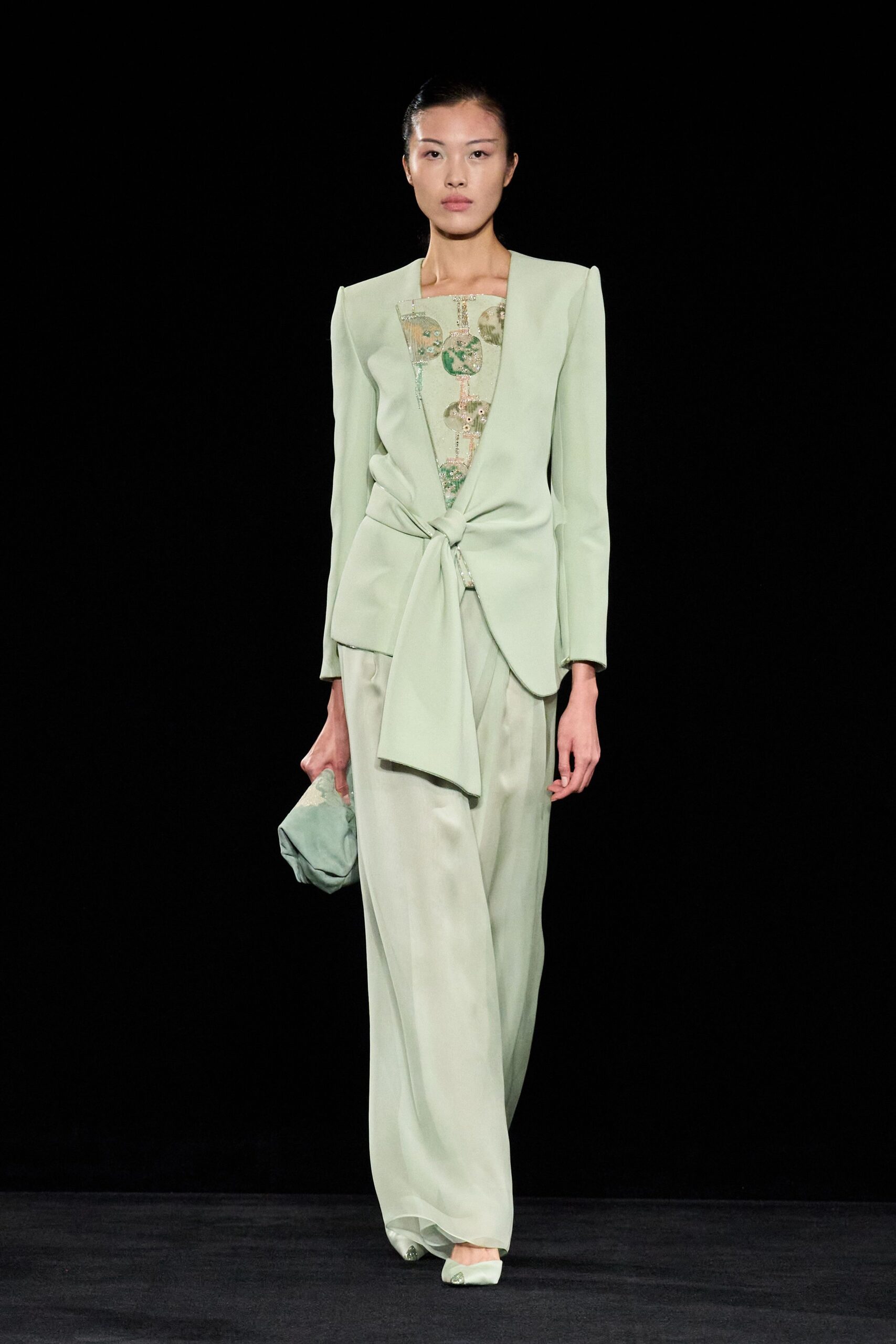 green silk long-sleeve collared structured belted blazer