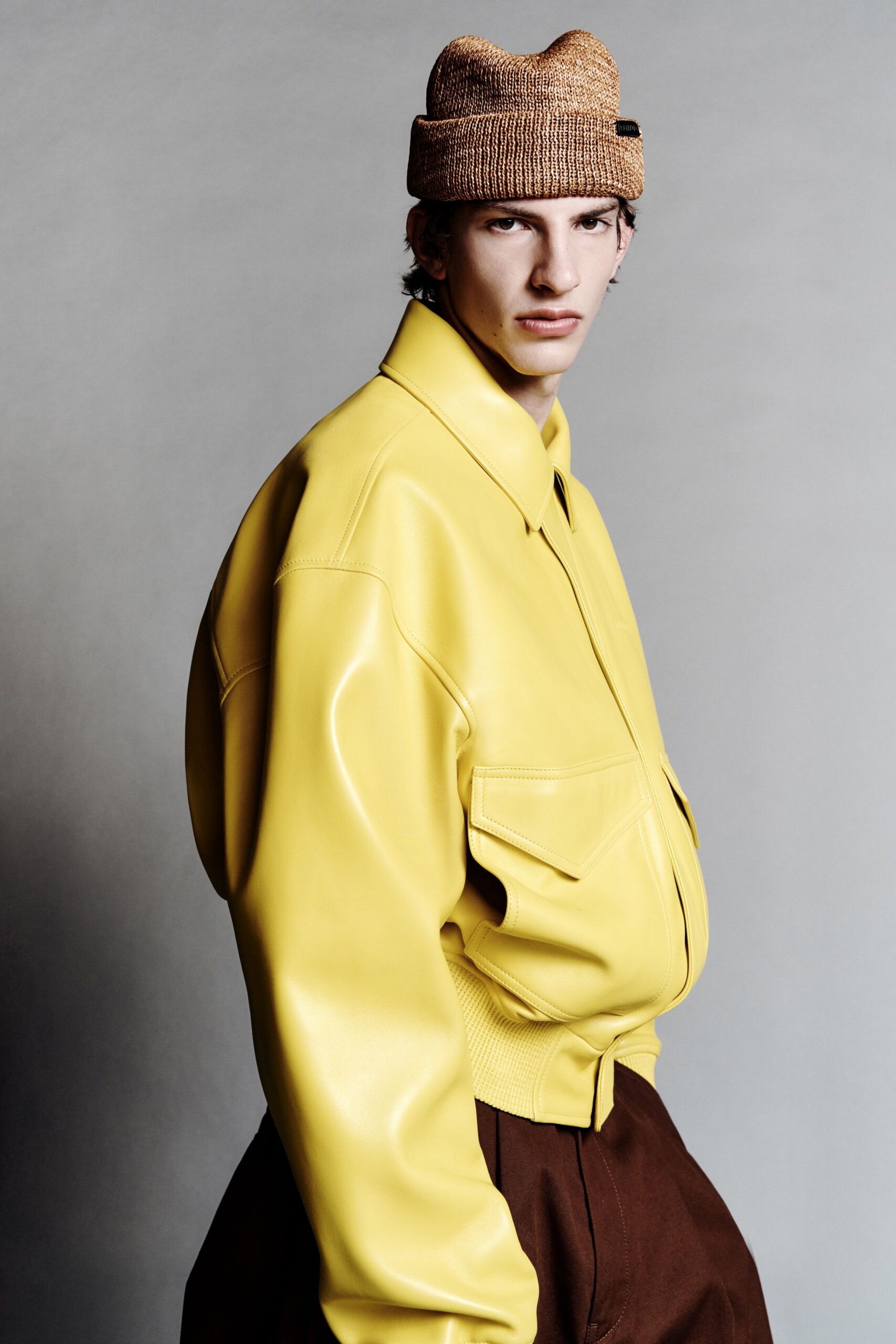 yellow leather long-sleeve collared oversized buttoned jacket
