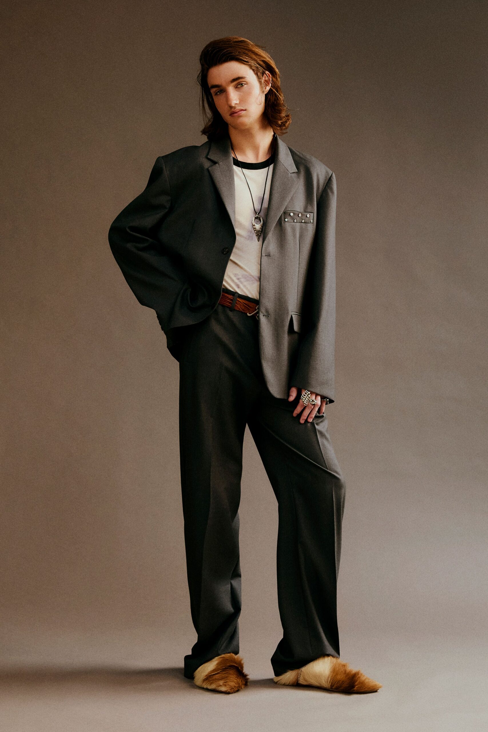 gray tailored blazer with relaxed t-shirt