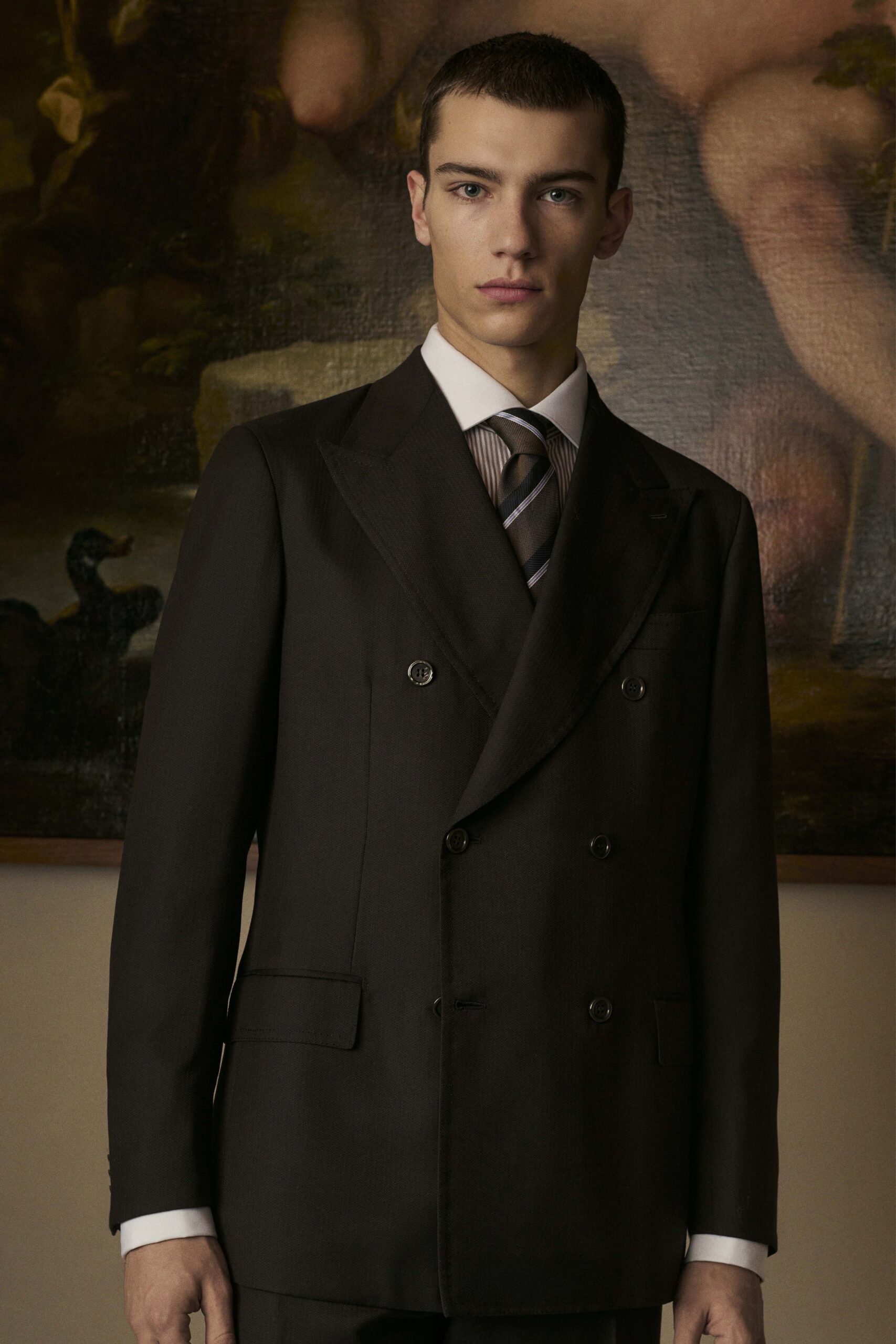 brown tailored double-breasted suit