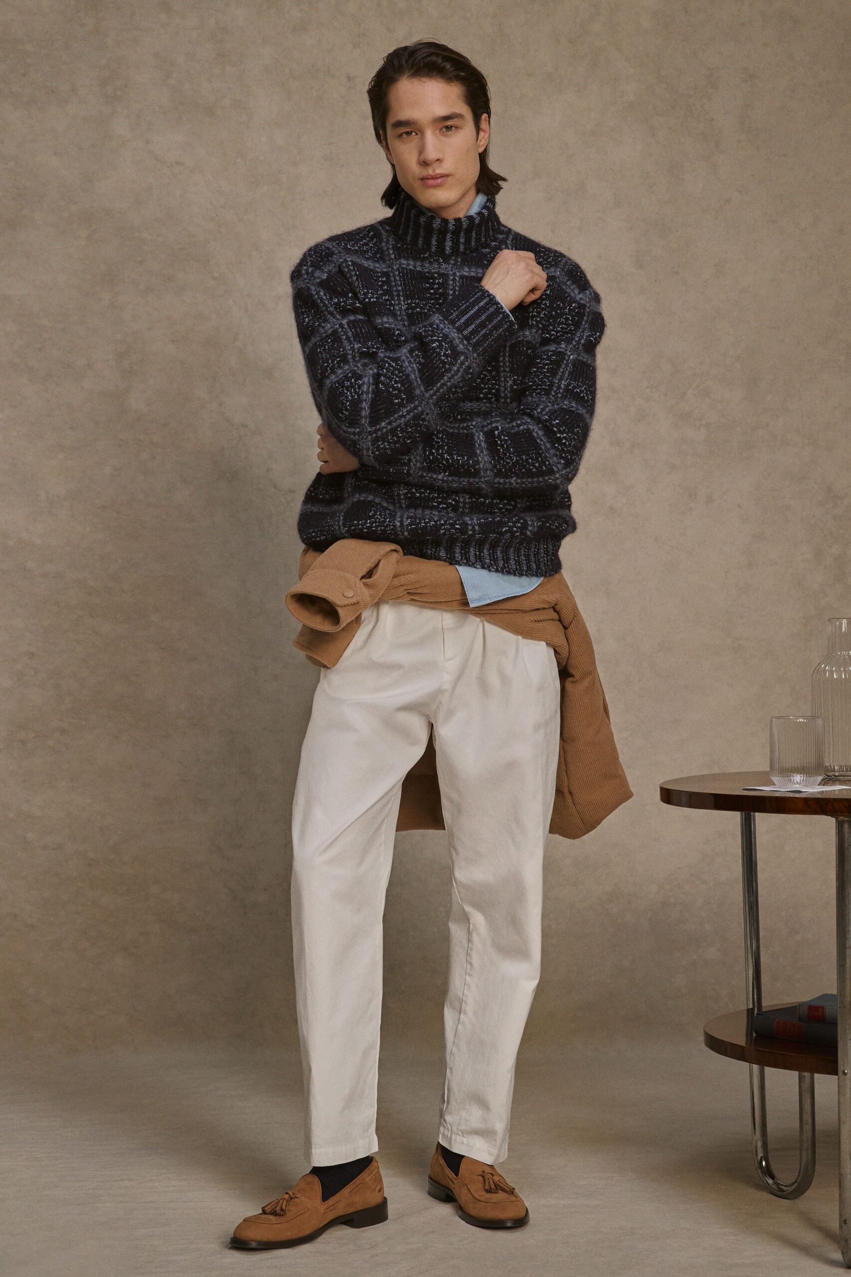 blue wool long-sleeve turtleneck fitted textured sweater