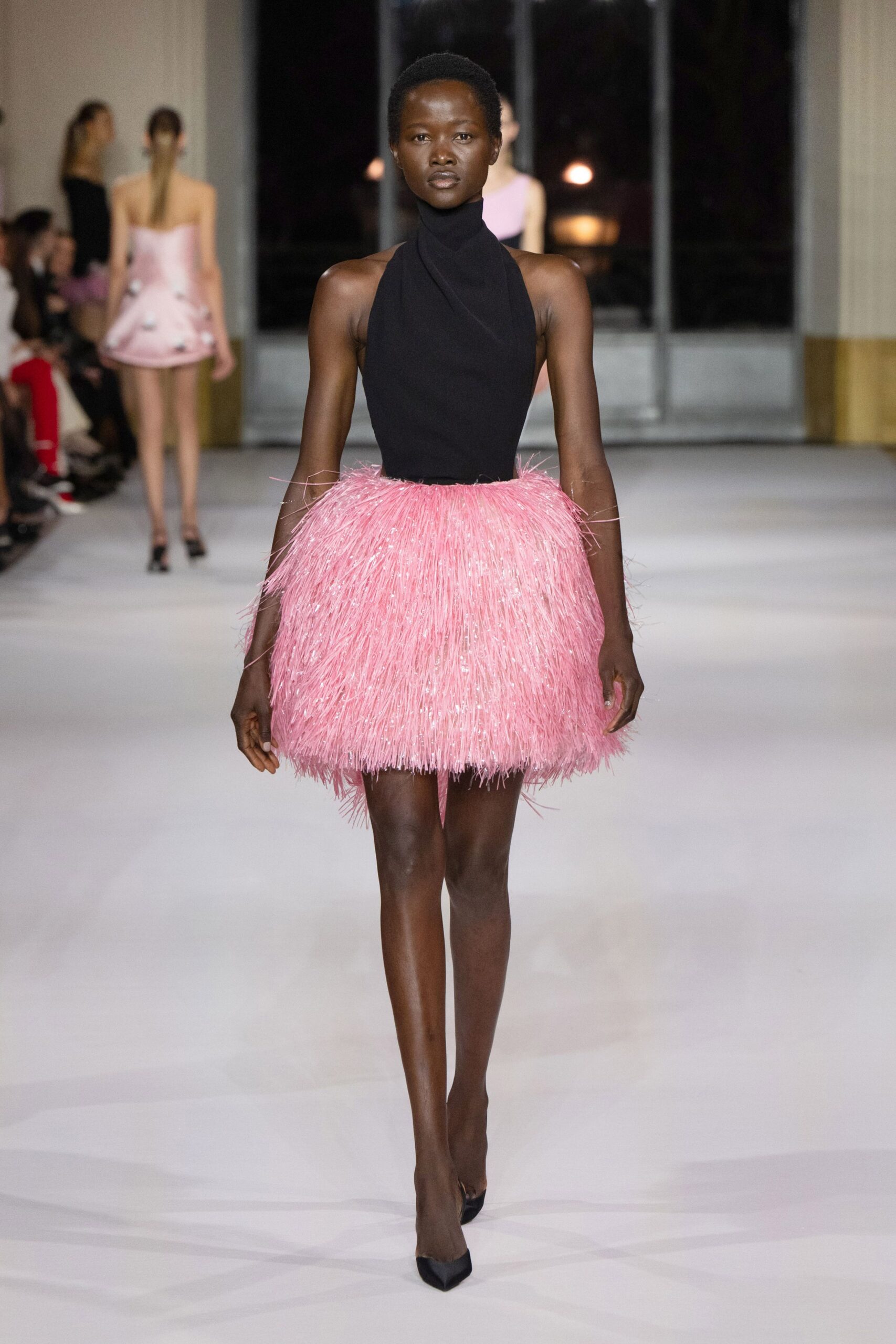 pink feather fitted tiered mini skirt