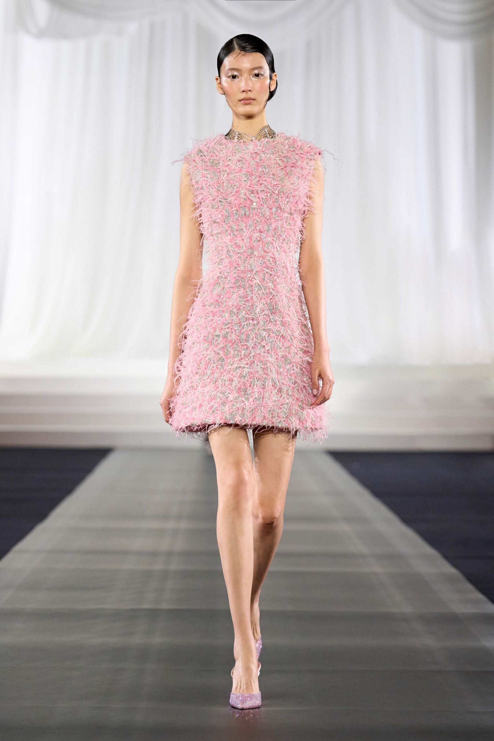 pink cotton sleeveless collared fitted fringed mini dress