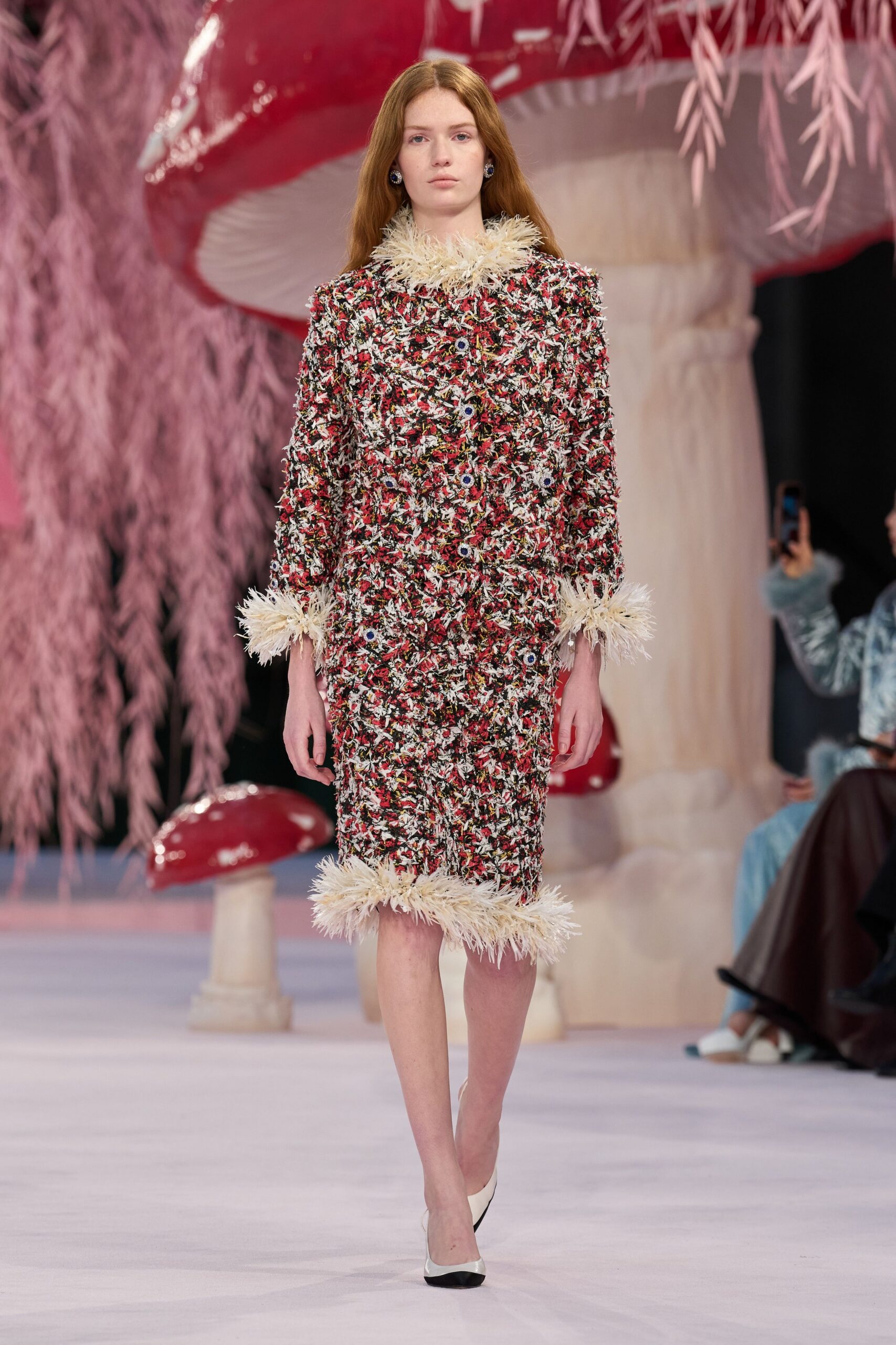 red wool long-sleeve collared fitted embroidered fringed dress