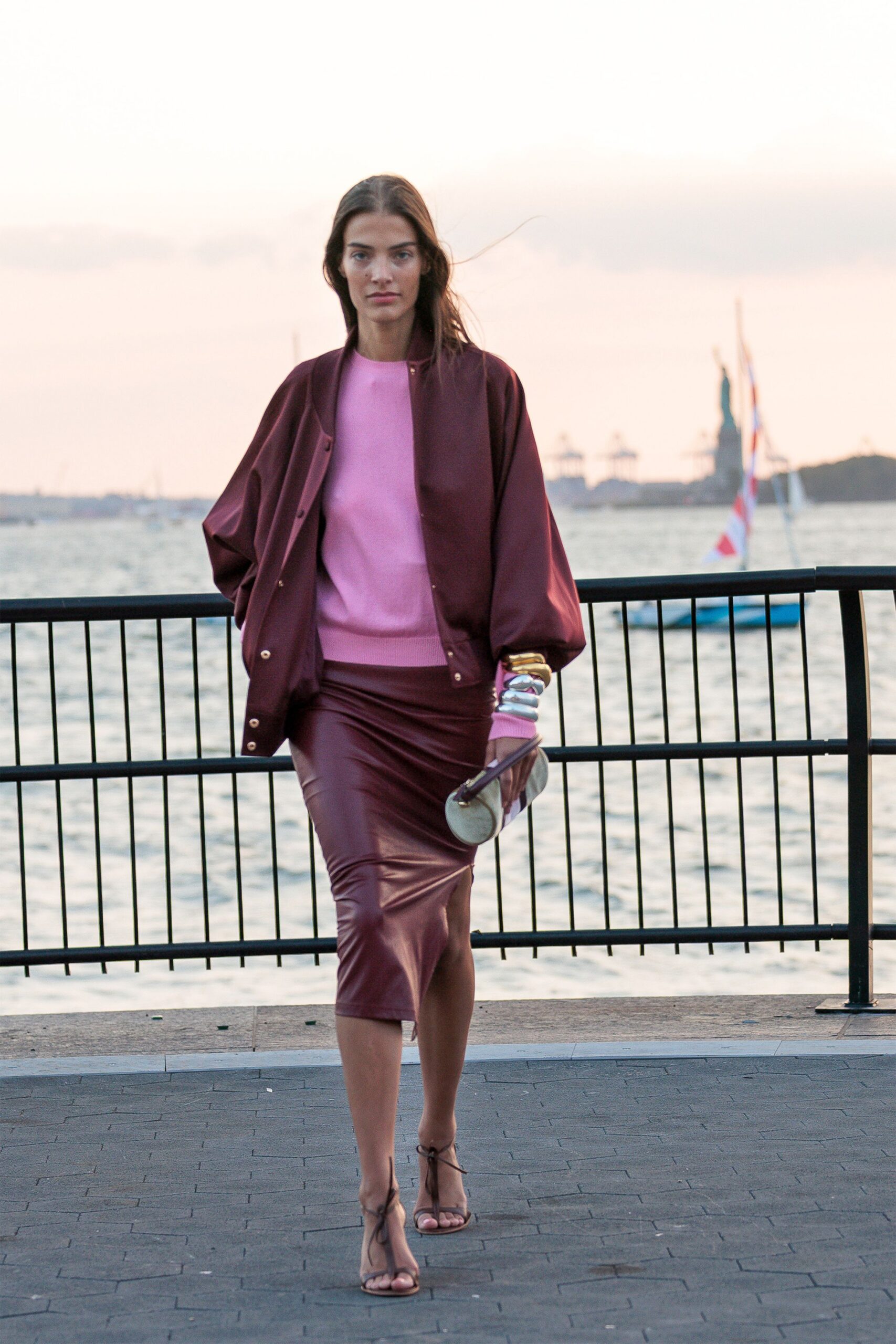 maroon silk long-sleeve collared relaxed zippered jacket
