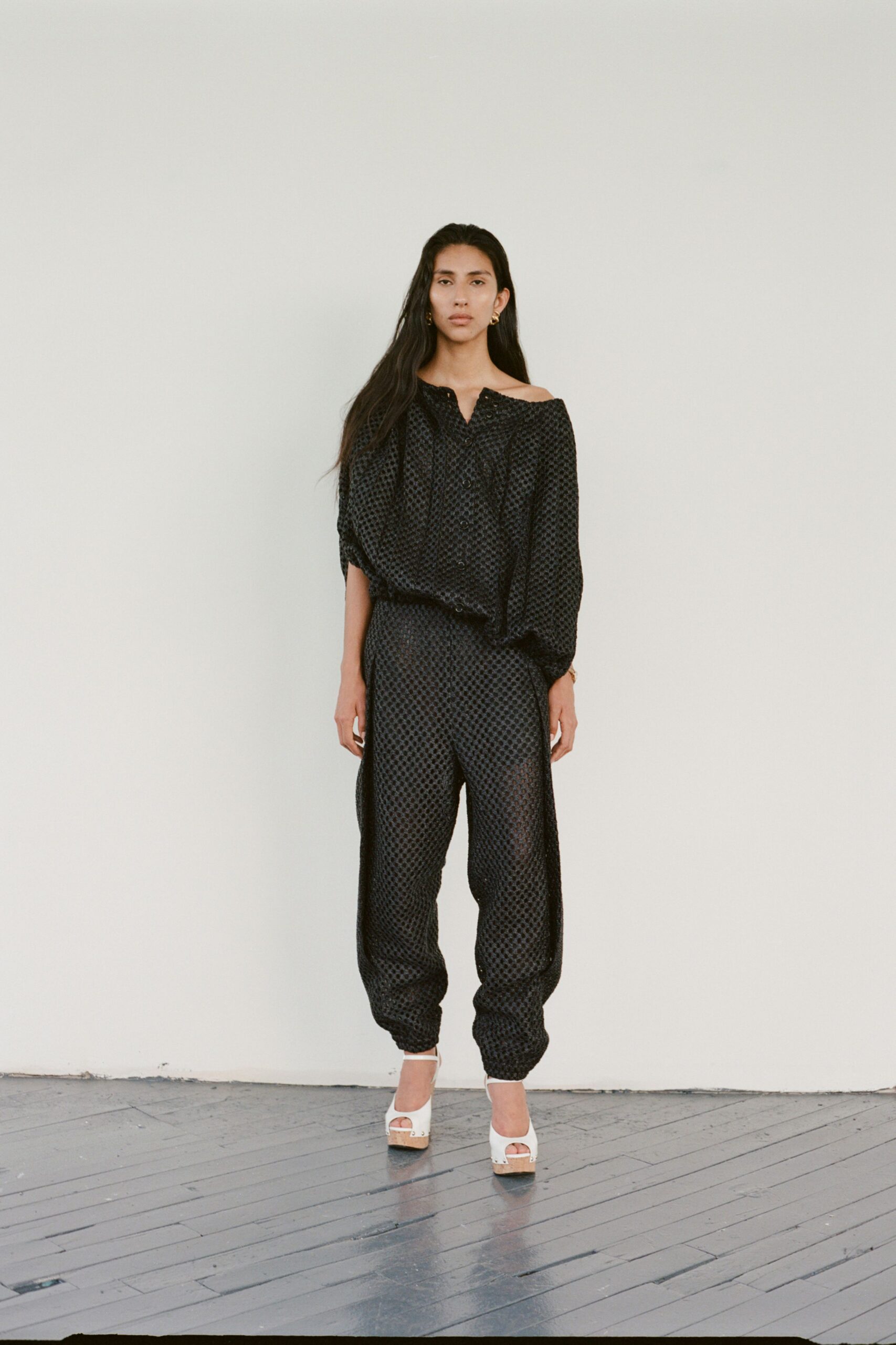 black silk relaxed draped sheer pants